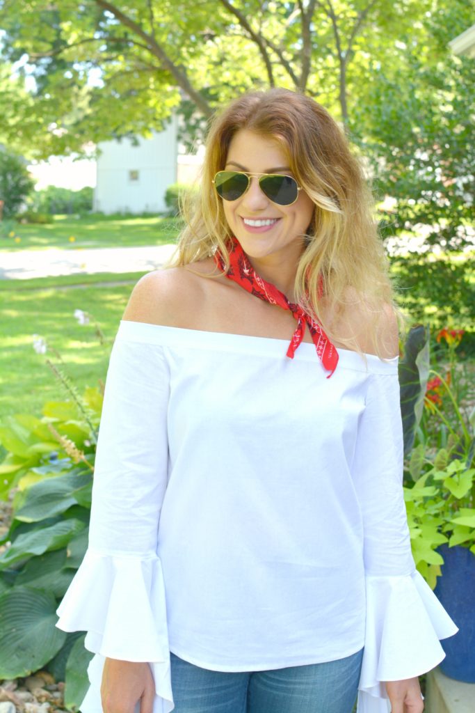 Ashley from LSR in a white off-the-shoulder statement blouse and The Limited denim,