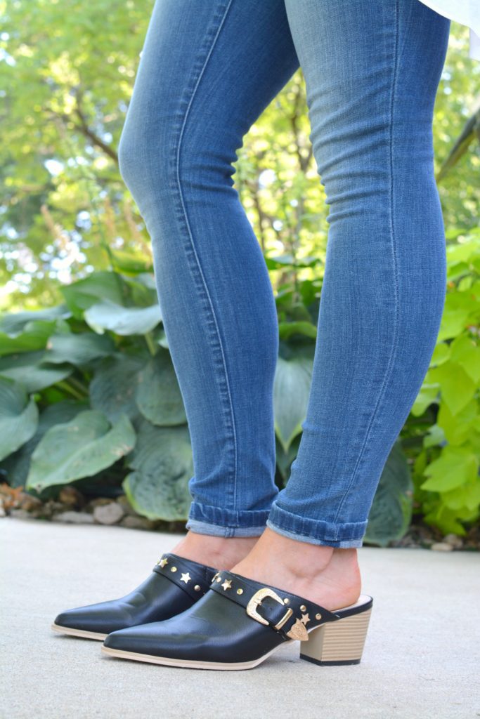 Ashley from LSR in The Limited denim and leather mules