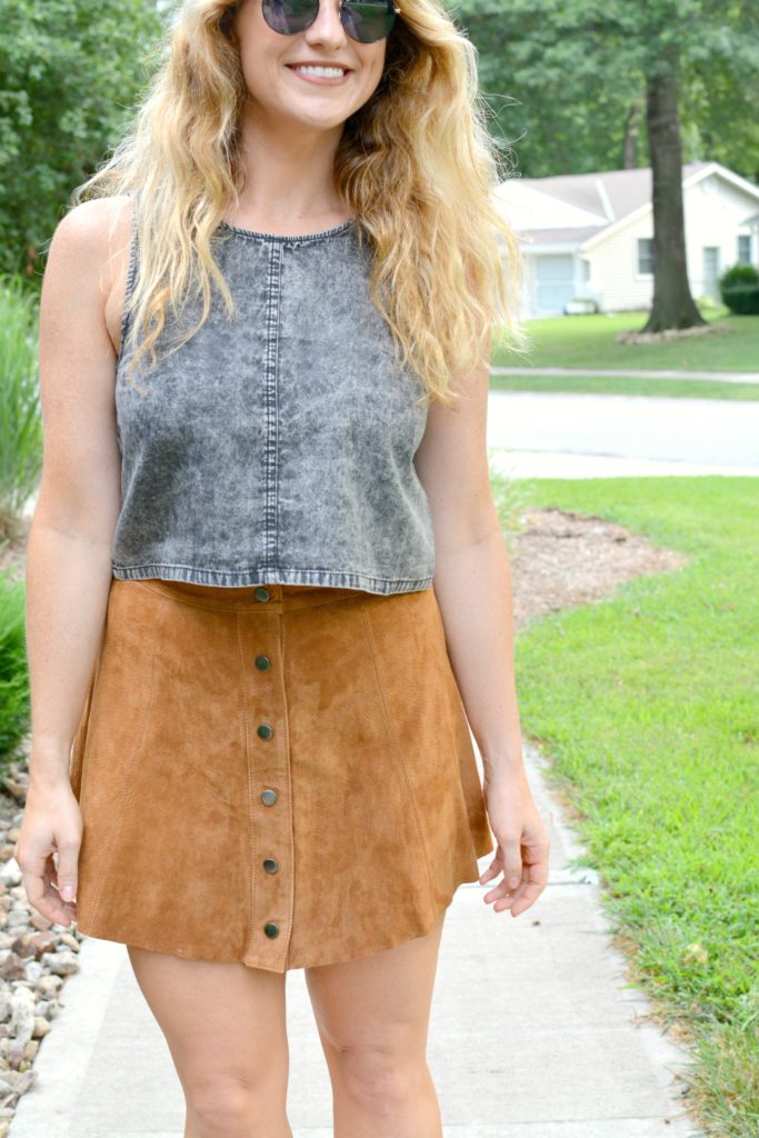 Ashley from LSR in an acid wash crop top and faux suede skirt