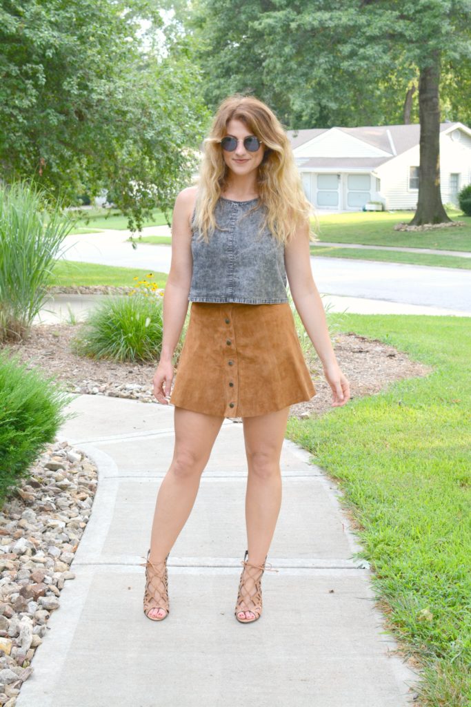 Ashley from LSR in an acid wash crop top and faux suede skirt