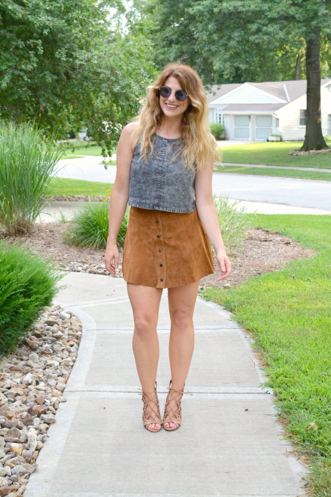 Ashley from LSR in an acid wash crop top and faux suede skirt