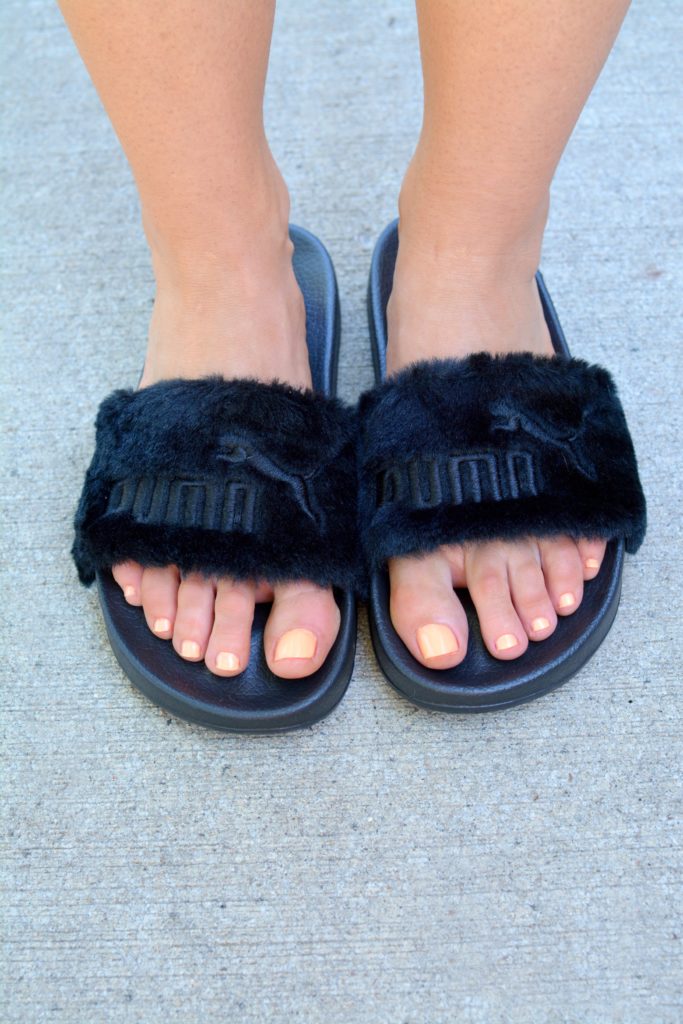 Ashley from LSR in fur Puma Fenty slides