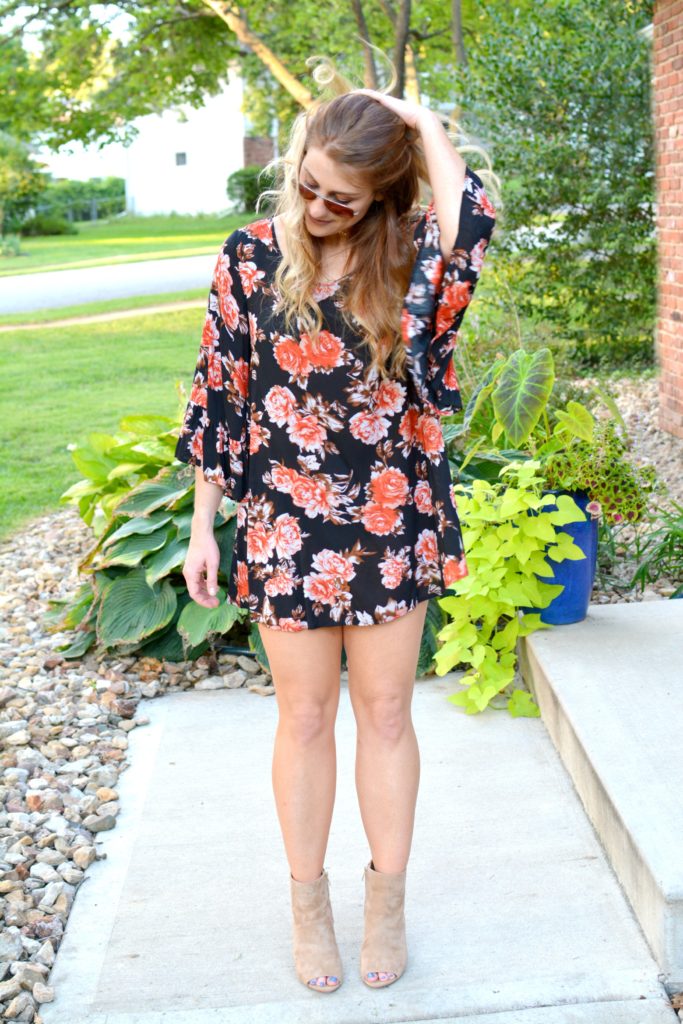 Ashley from LSR in a dark floral dress and sam edelman suede booties