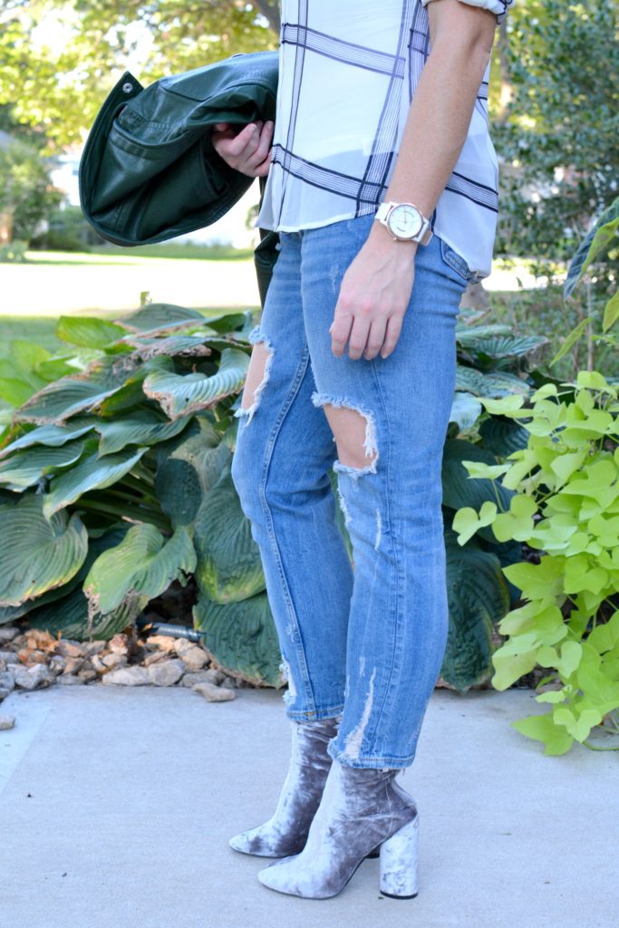 Ashley from LSR in destroyed denim and velvet booties