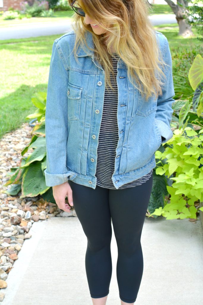 Ashley from LSR in a men's boxy denim jean jacket, striped tee, and Carbon38 leggings