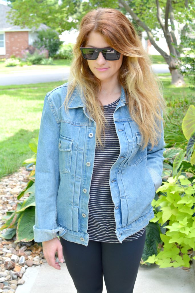 Ashley from LSR in a men's boxy denim jean jacket, striped tee, and Carbon38 leggings