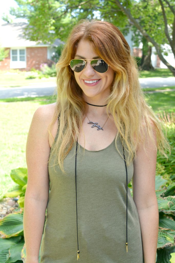 Ashley from LSR in an olive green tank with a Vanessa Mooney choker