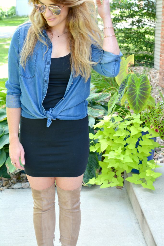 Ashley from LSR in a black t-shirt dress and a chambray shirt