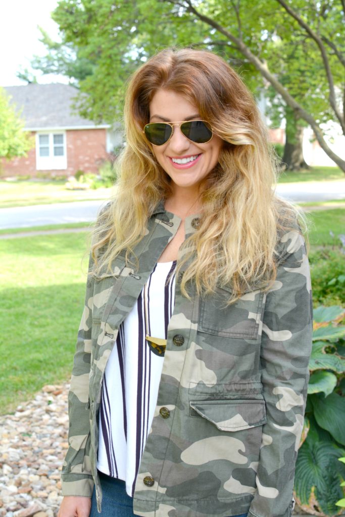 Ashley from LSR in a camo jacket and striped tank