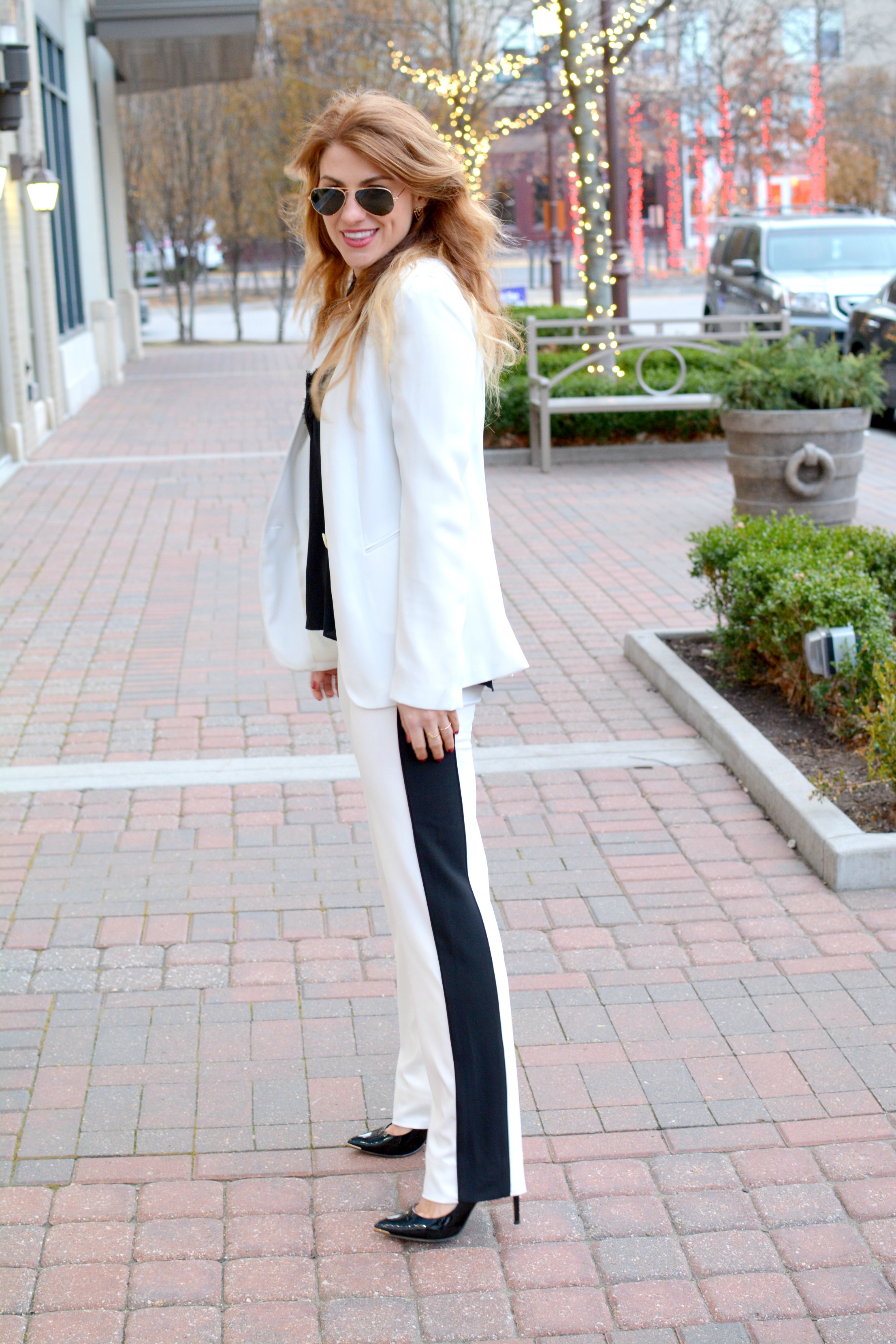 Black and white outlet striped pants and blazer