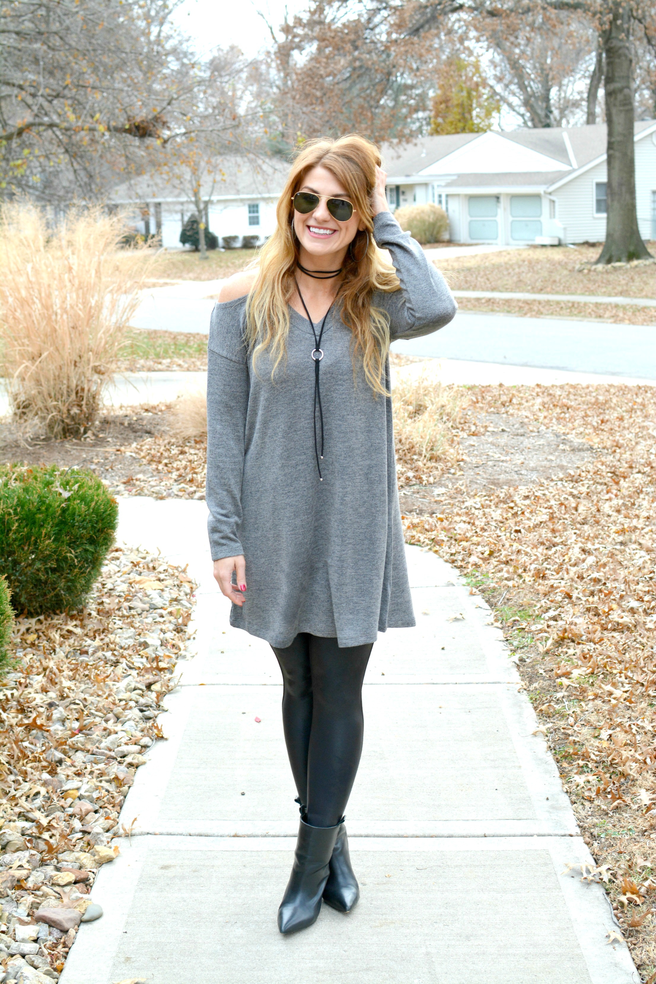 sweater dress with short boots