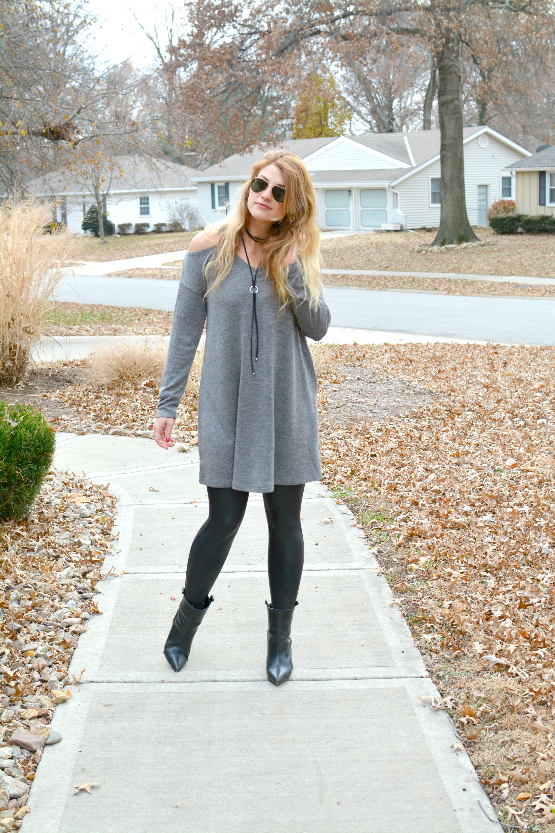 Sweater dress with shop leggings and boots