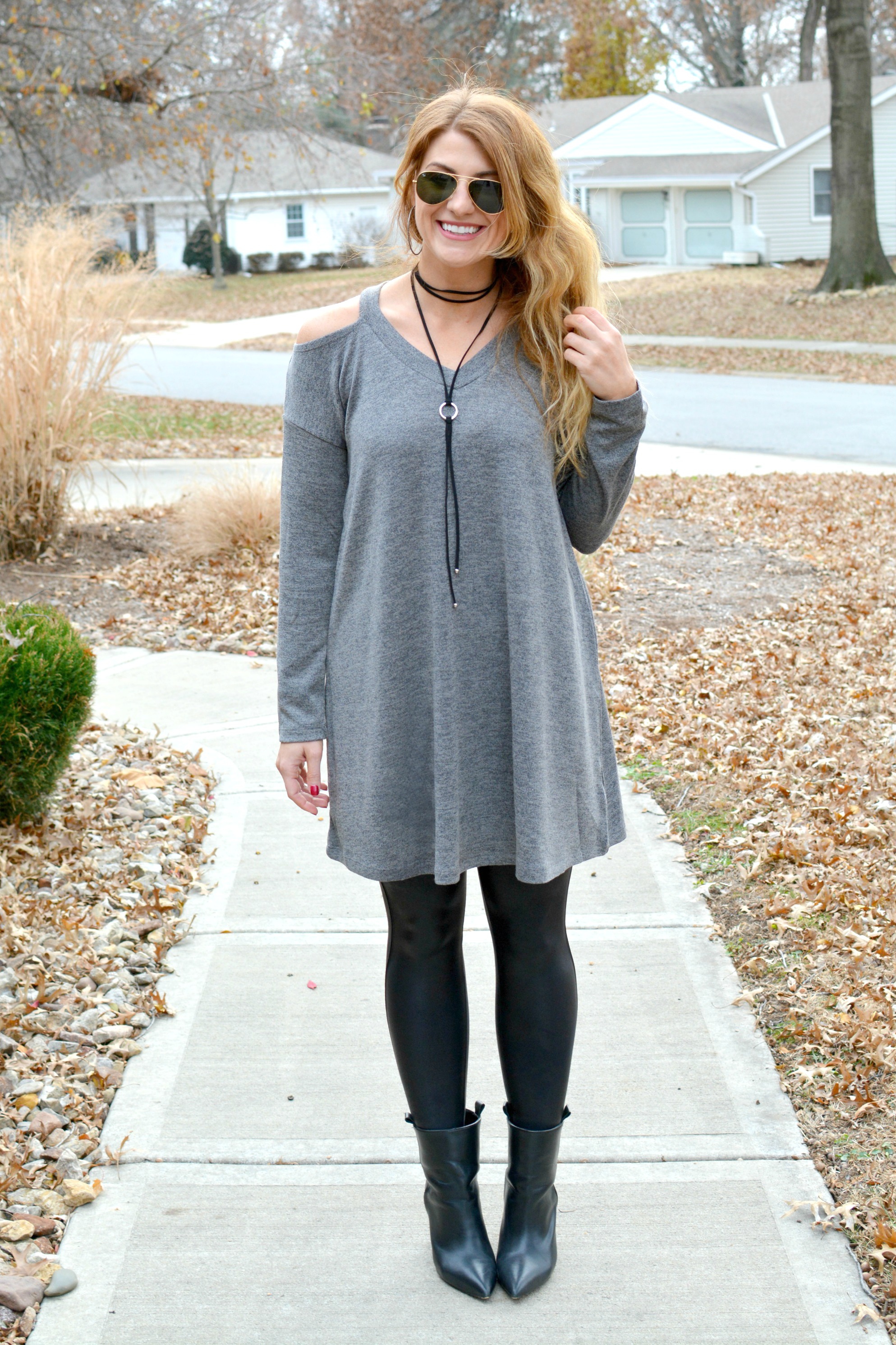 Gray sweater dress with sales boots