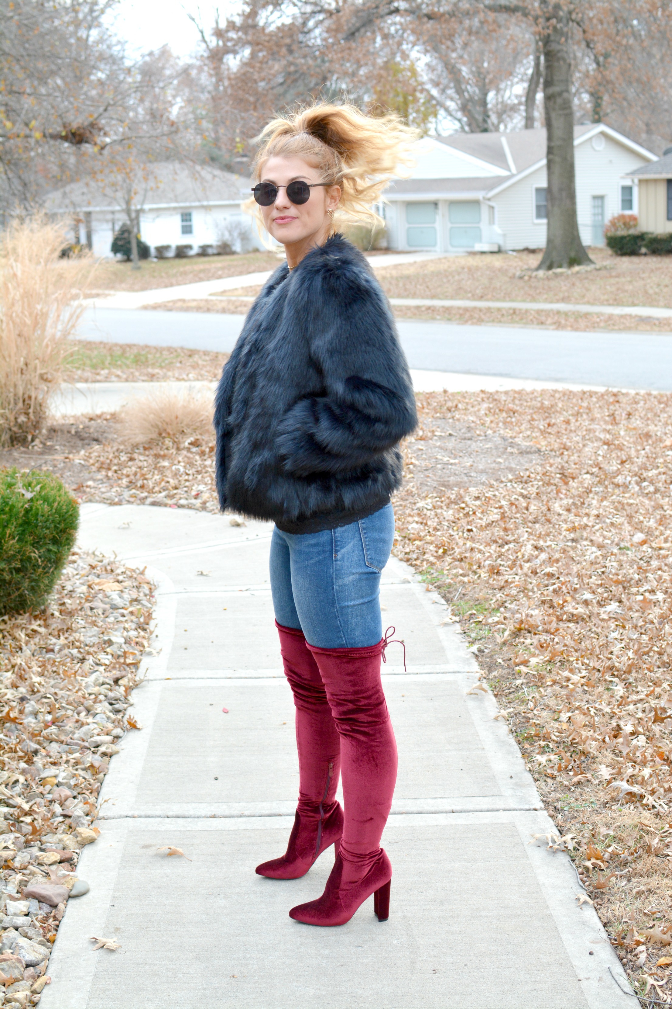 Navy Faux Fur Coat Burgundy Thigh High Boots. Le Stylo Rouge