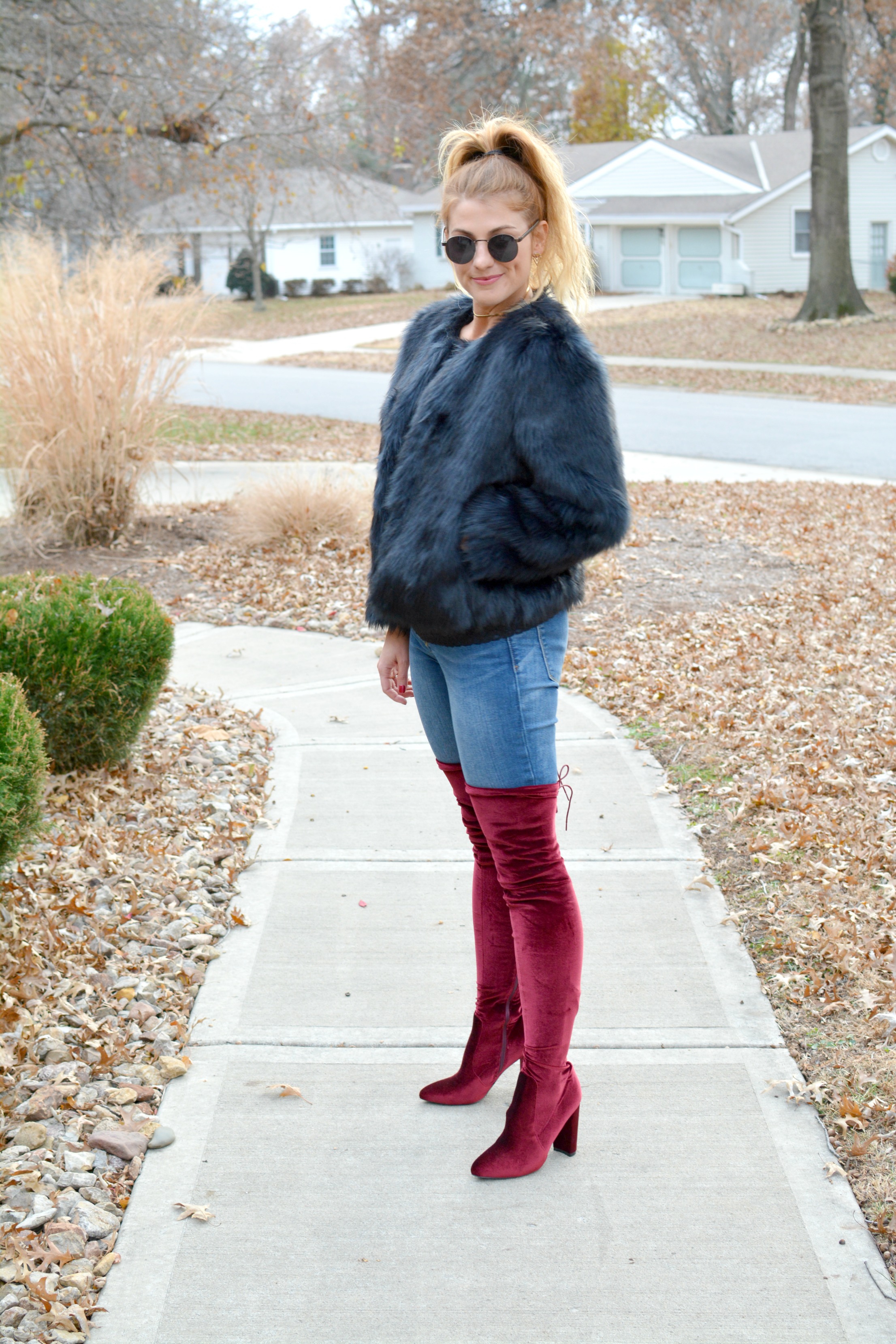 Burgundy thigh high hot sale boots outfit