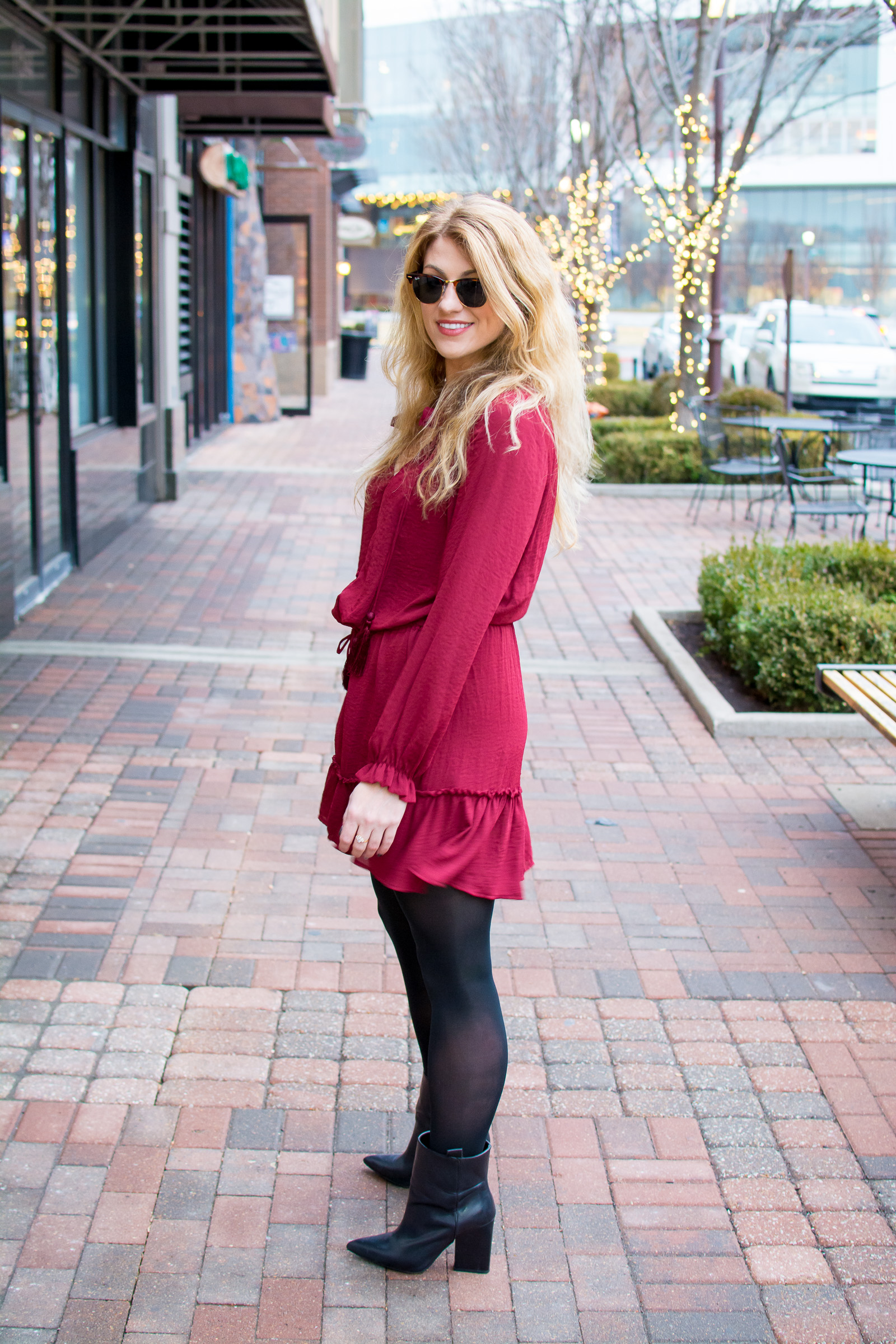 Holiday Style #red #dress #black #belt #leggings #booties #boots