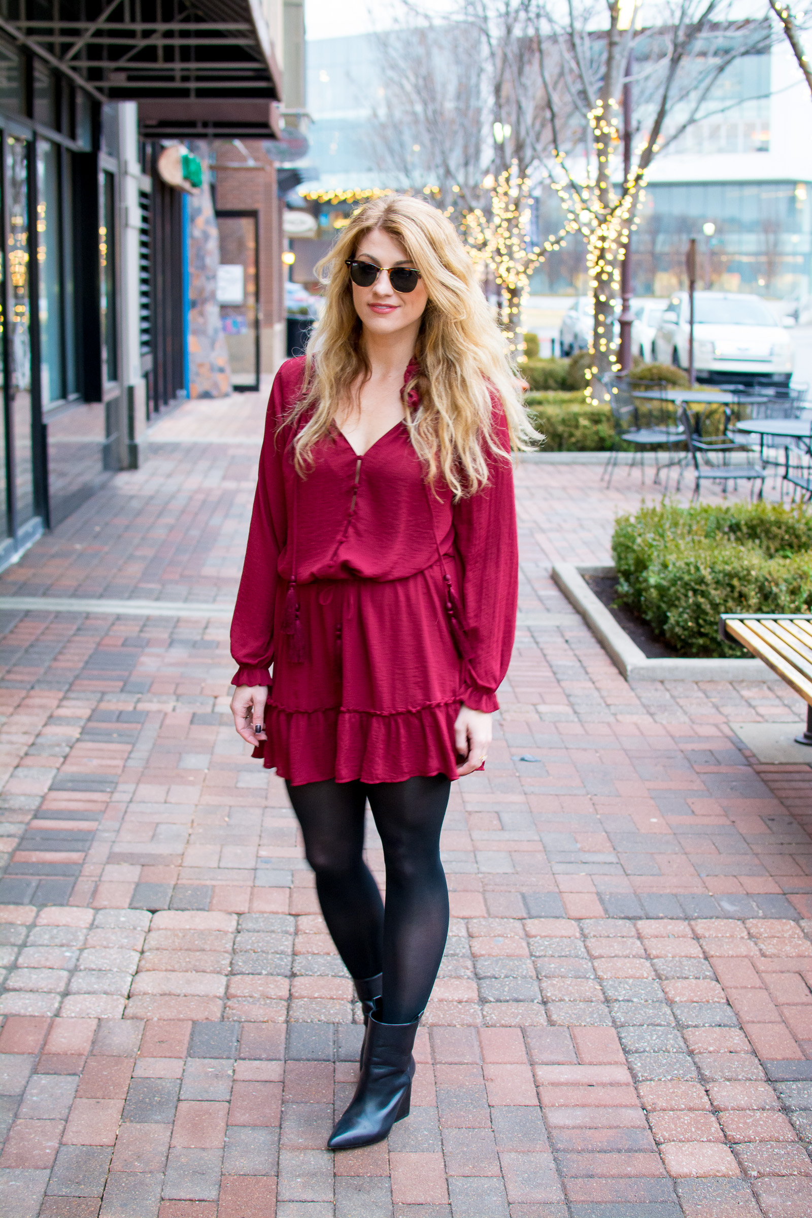 red dress with black tights and boots