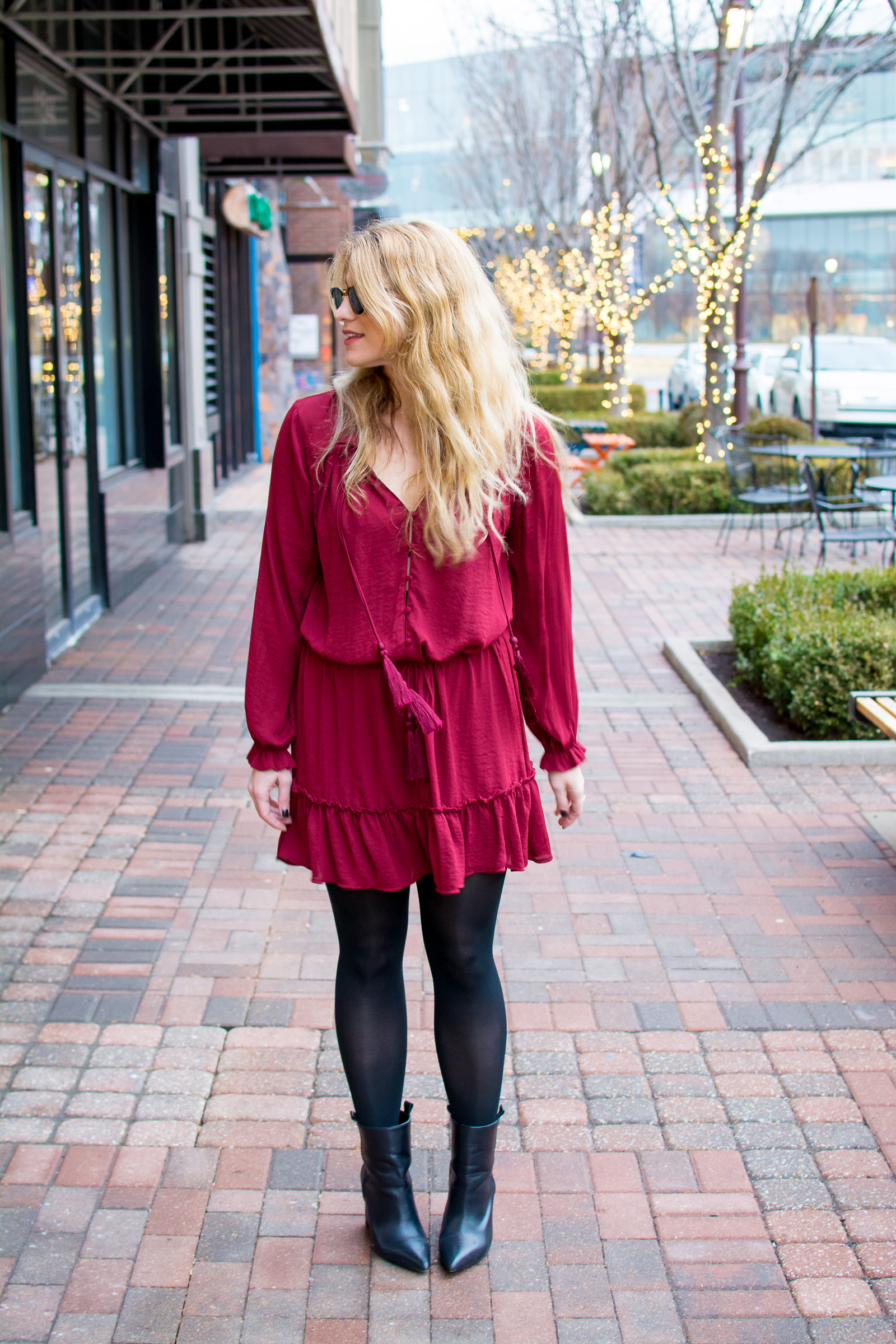 red dress with black tights and boots