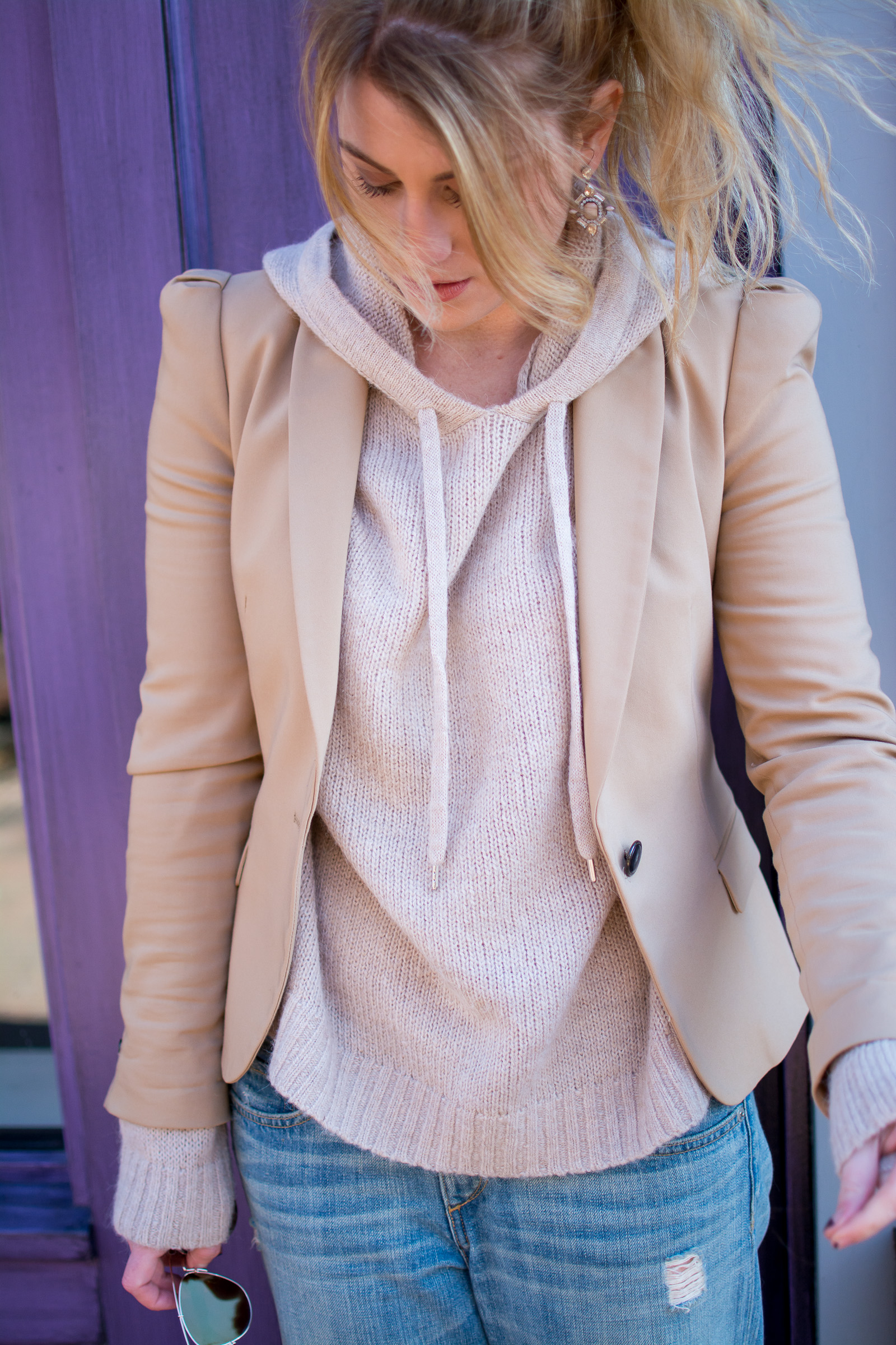 Camel Blazer Blush Hoodie with Boyfriend Jeans. LSR