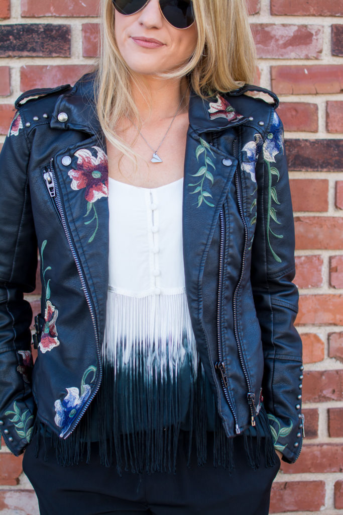 Embroidered Faux Leather Jacket + Fringe Tank | Ashley from LSR