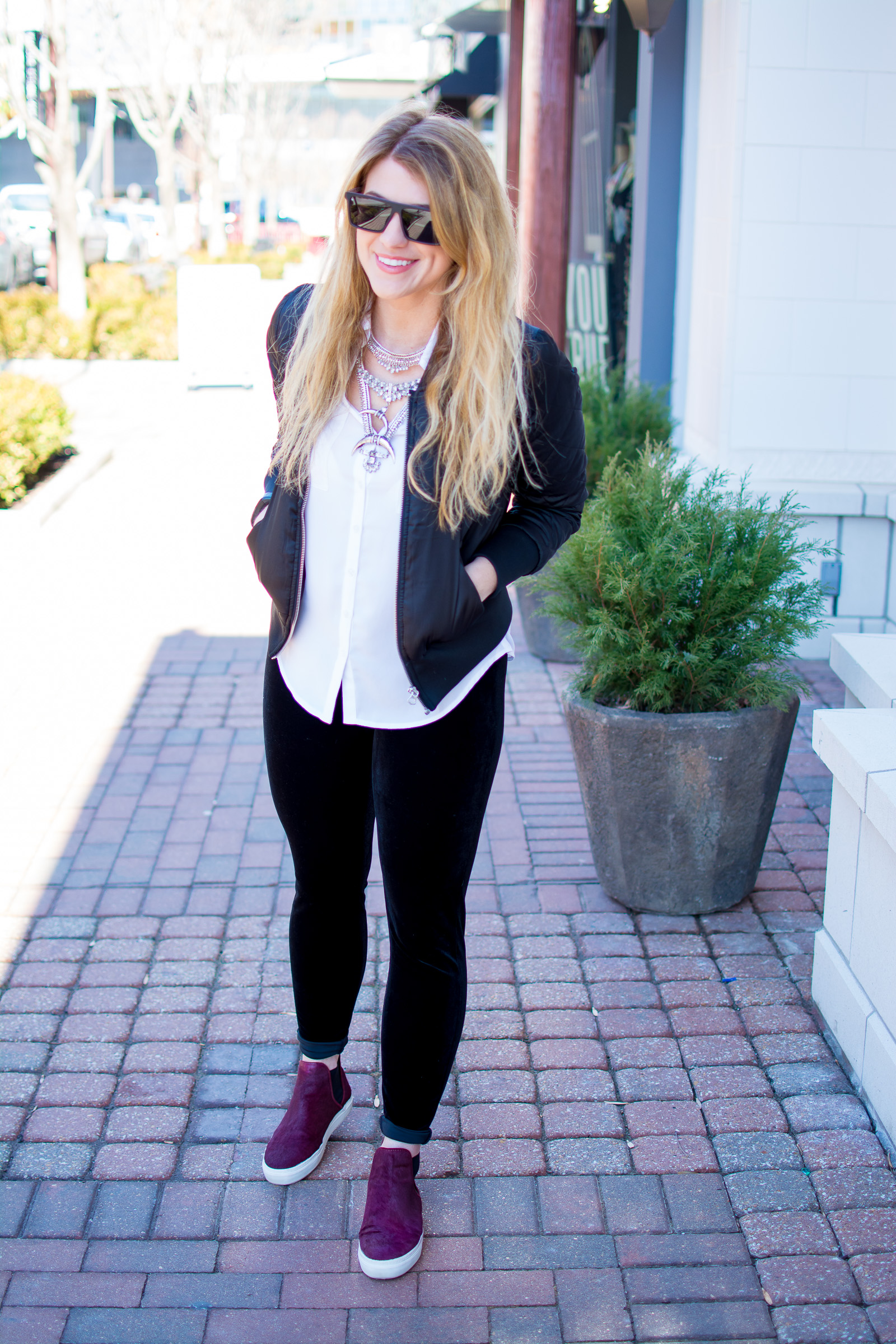 Casual Valentine's Day Outfit: Velvet Leggings and Sneakers.