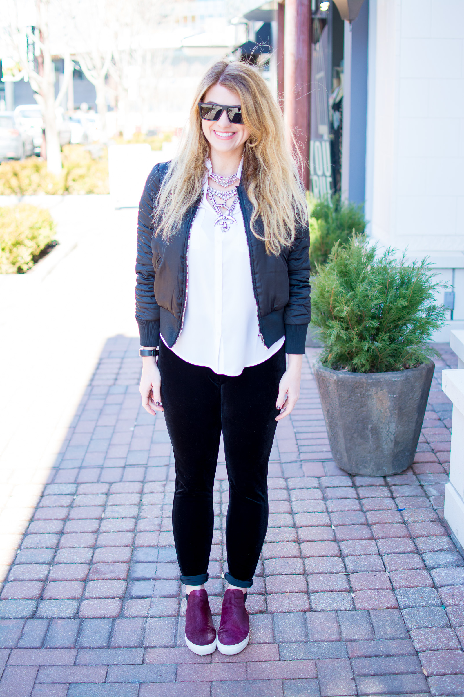 Casual Valentine's Day Outfit: Velvet Leggings and Sneakers.