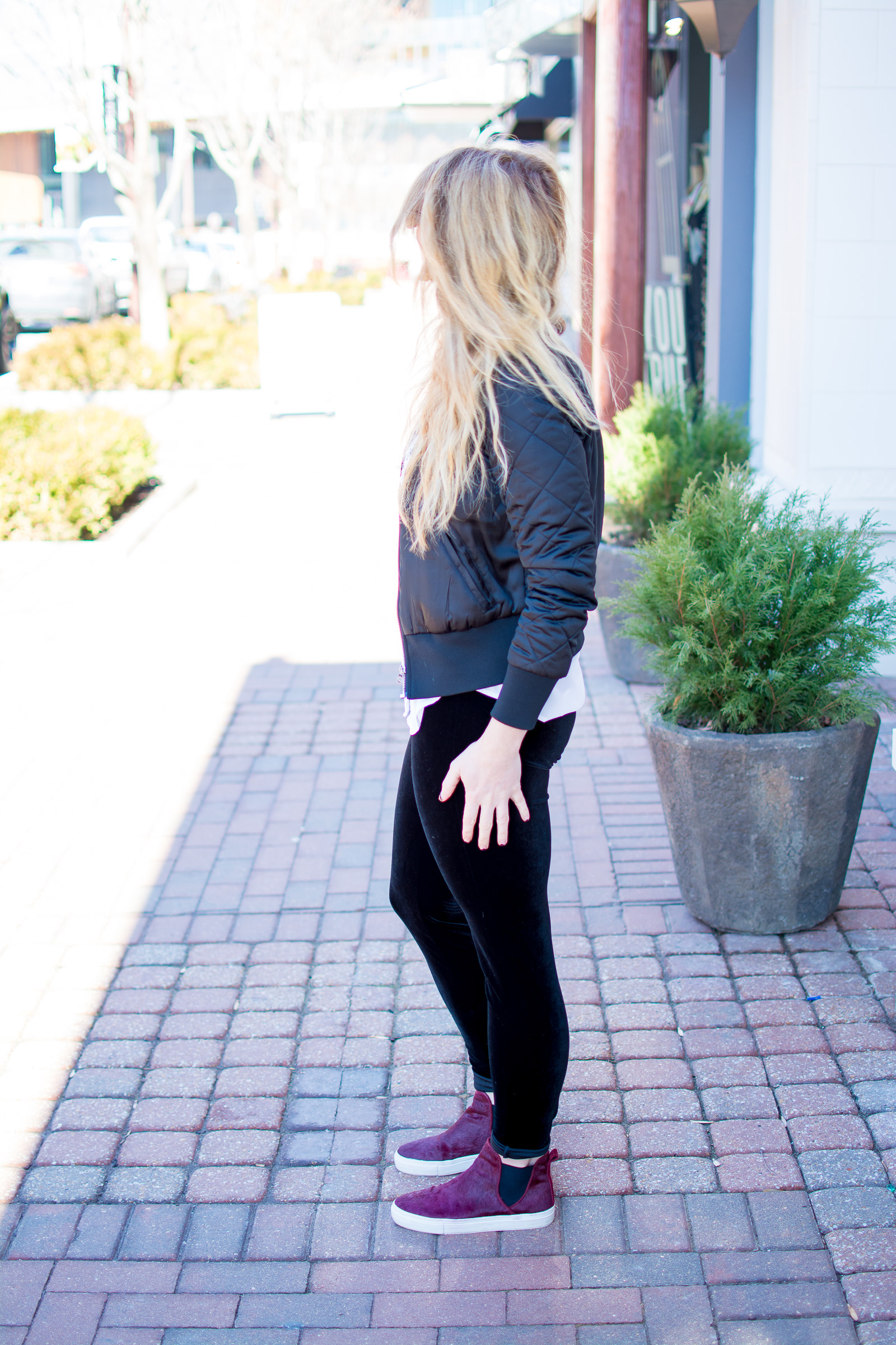 Casual Valentine's Day Outfit: Velvet Leggings and Sneakers.