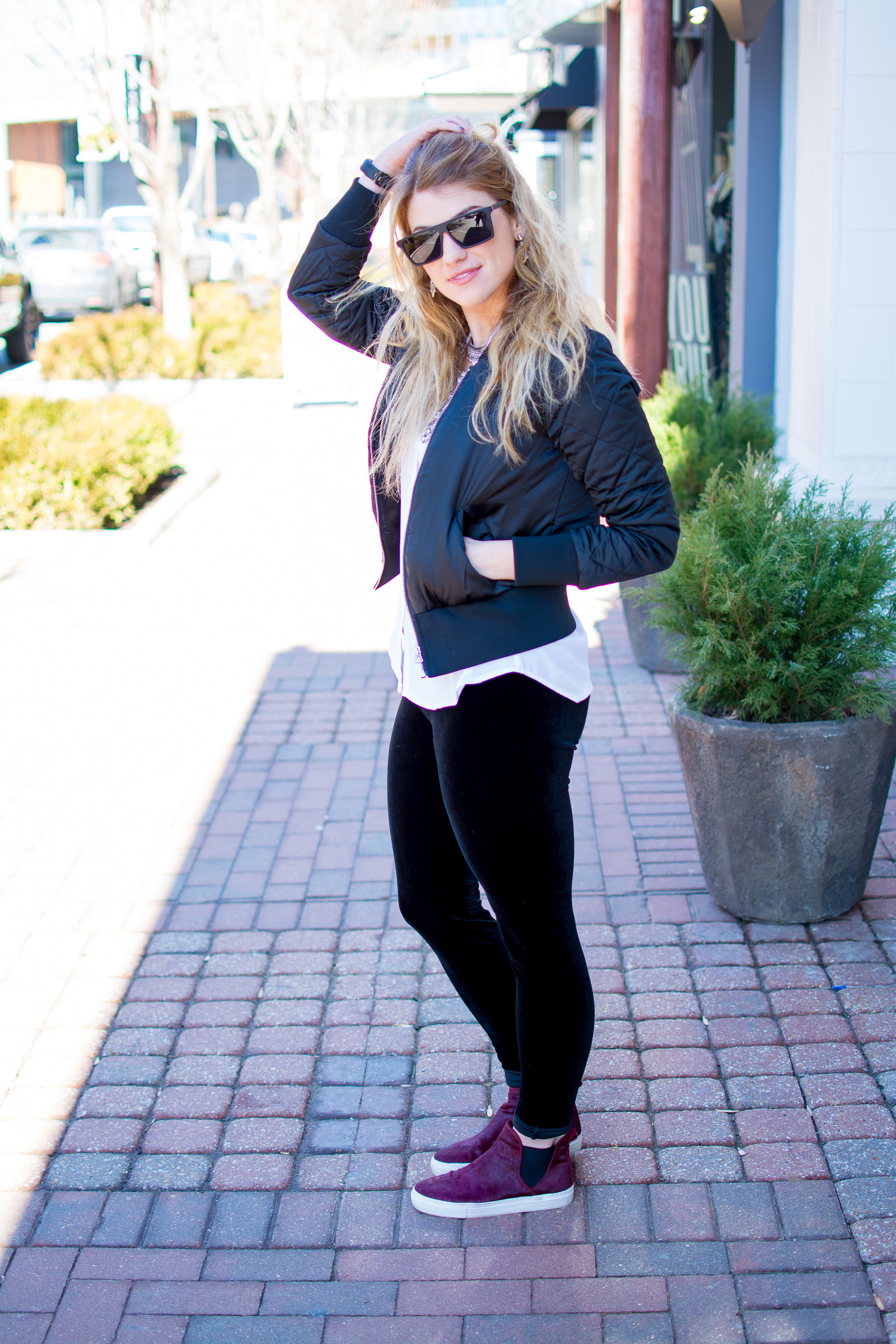 Casual Valentine's Day Outfit: Velvet Leggings and Sneakers.