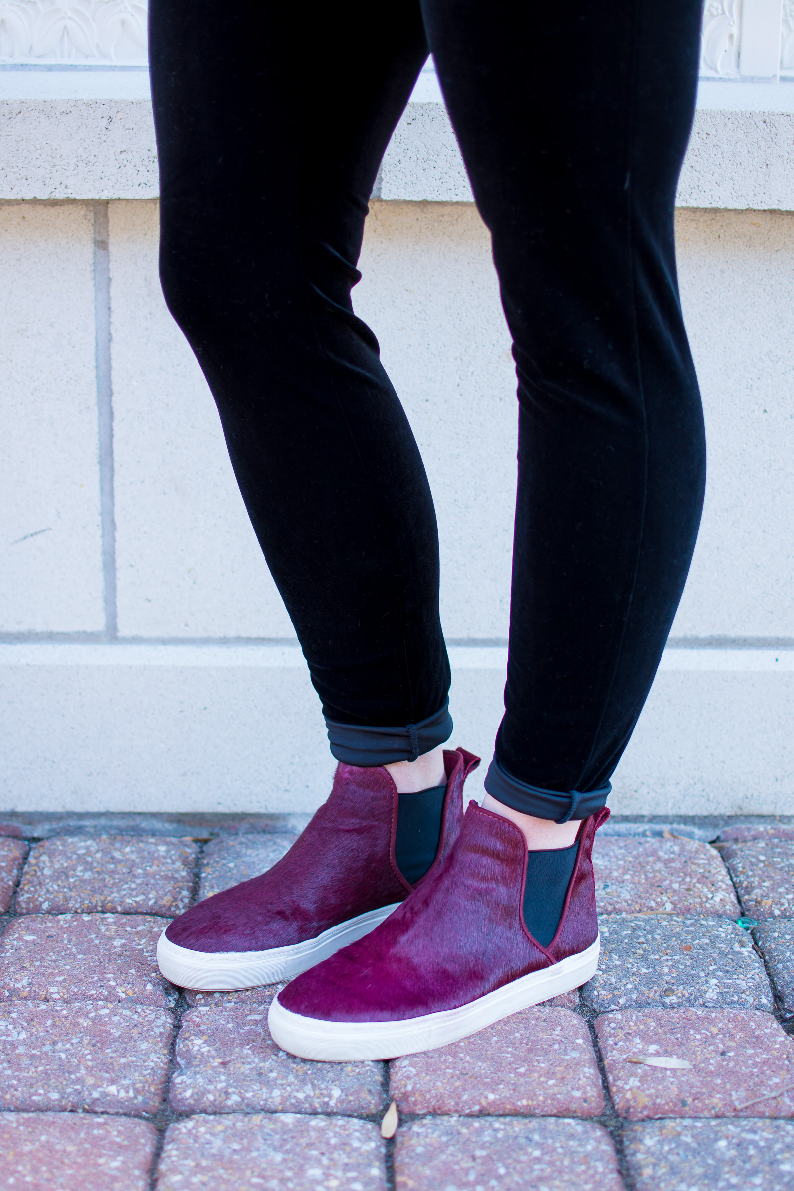 Casual Valentine's Day Outfit: Velvet Leggings and Sneakers.