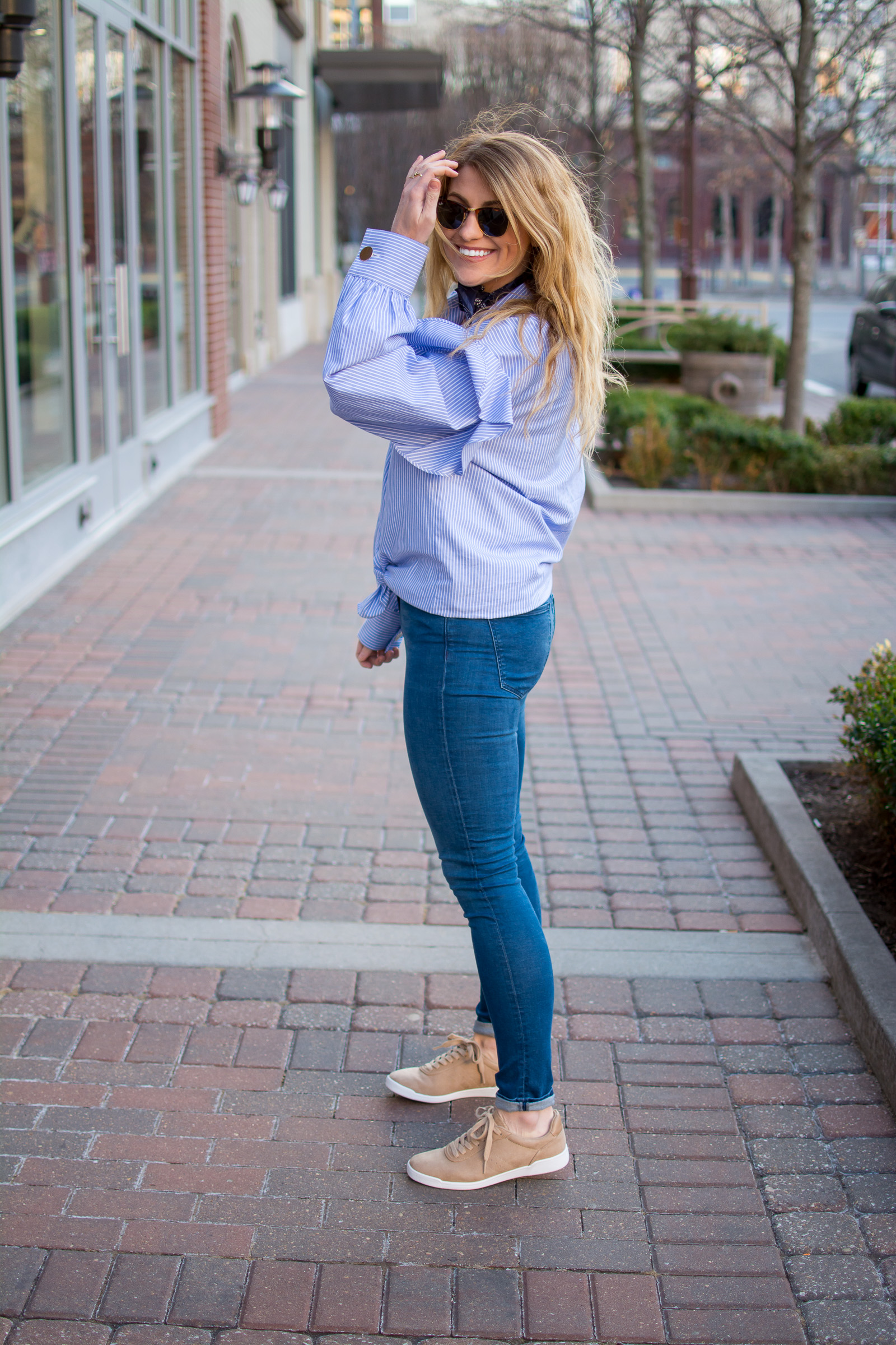 Oversized striped store shirt outfit