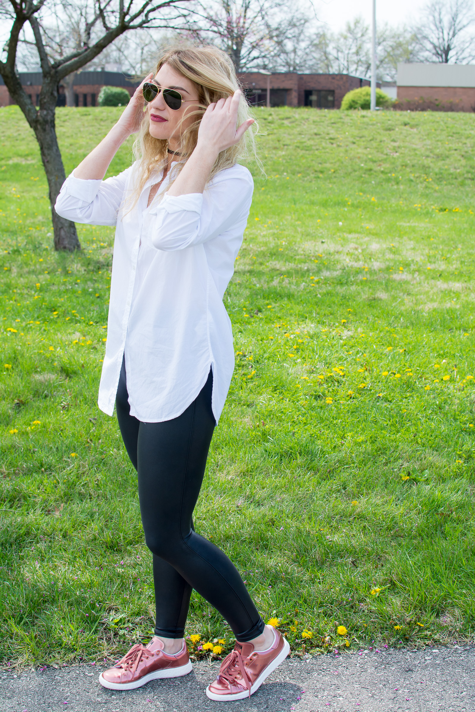 Spanx Leggings + White Button-up.