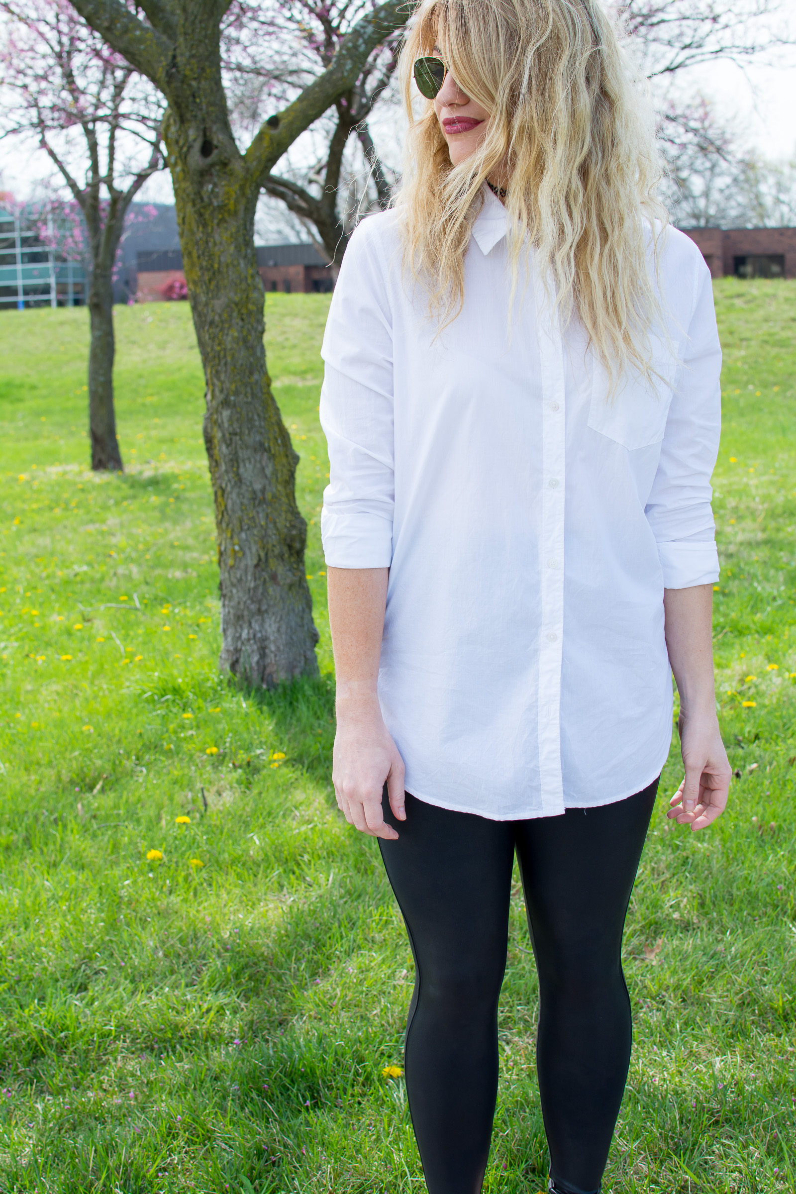 Spanx Leggings + White Button-up.