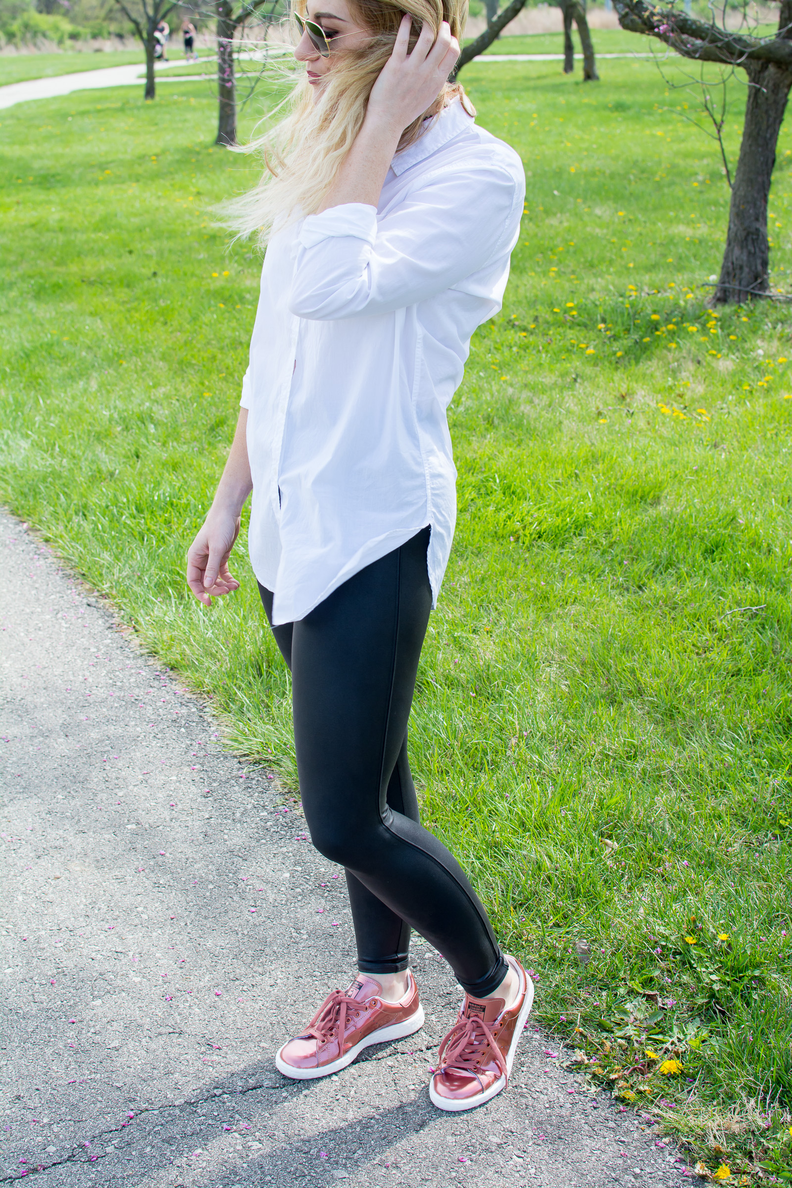 Spanx Leggings + White Button-up.