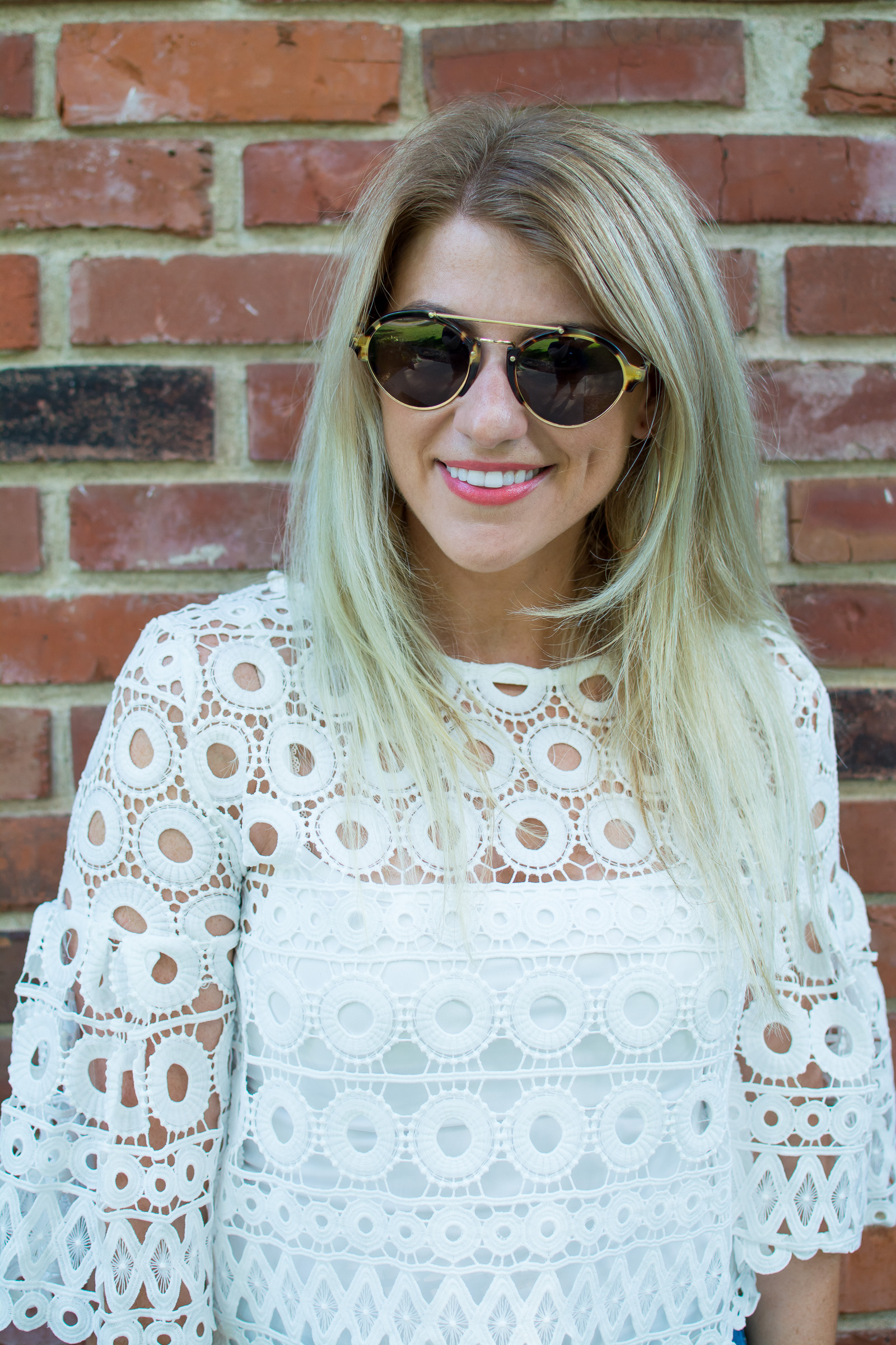 White Crochet Top + Blue Wedges.