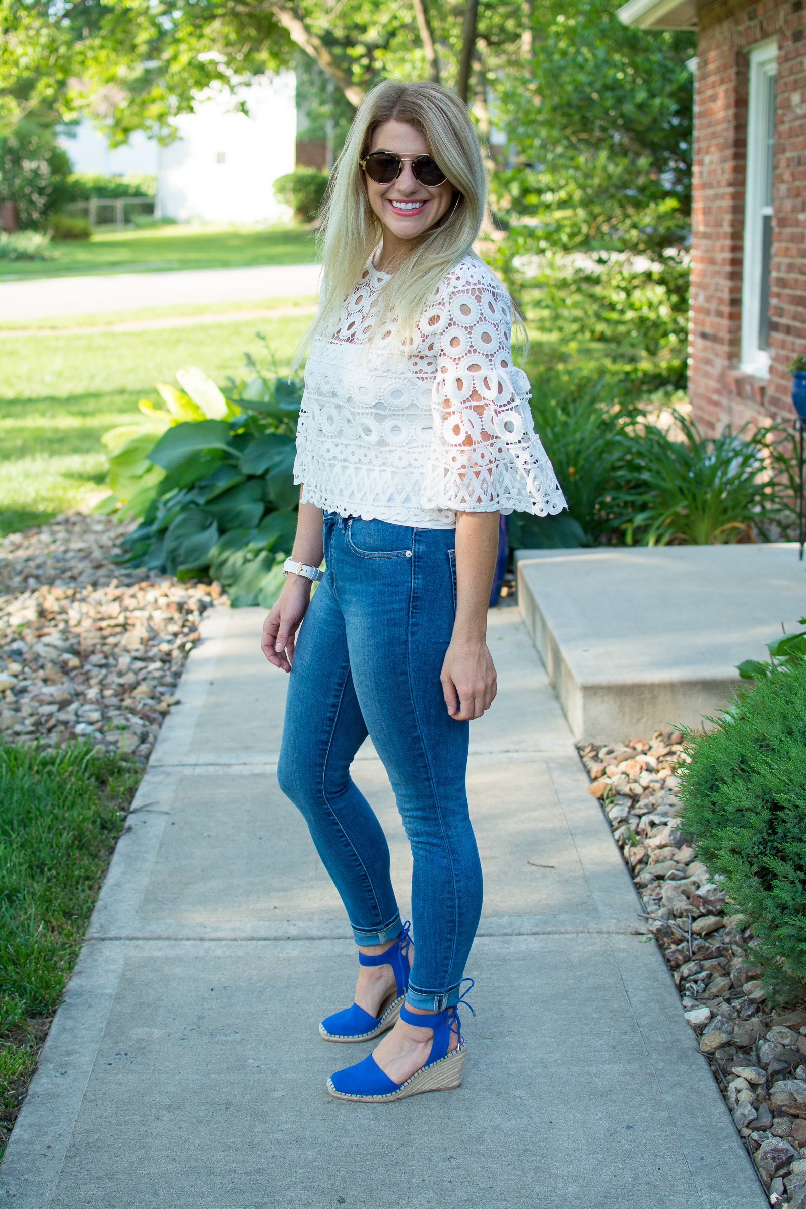 White Crochet Top + Blue Wedges. | Le 