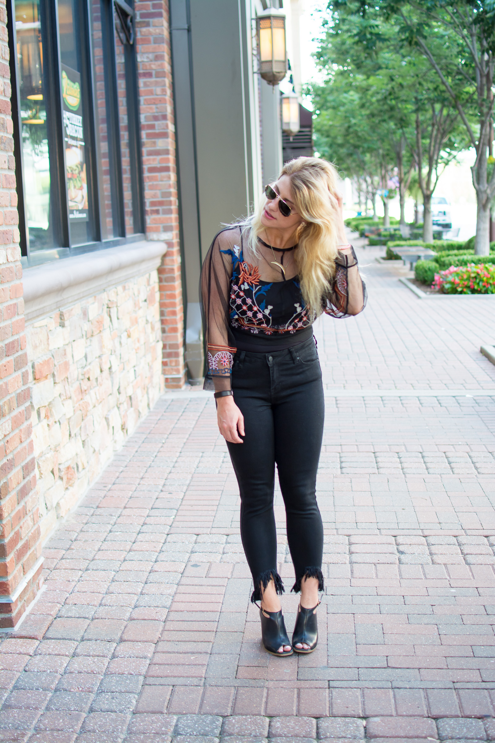 Black Frayed Denim + Sheer Embroidered Shirt.