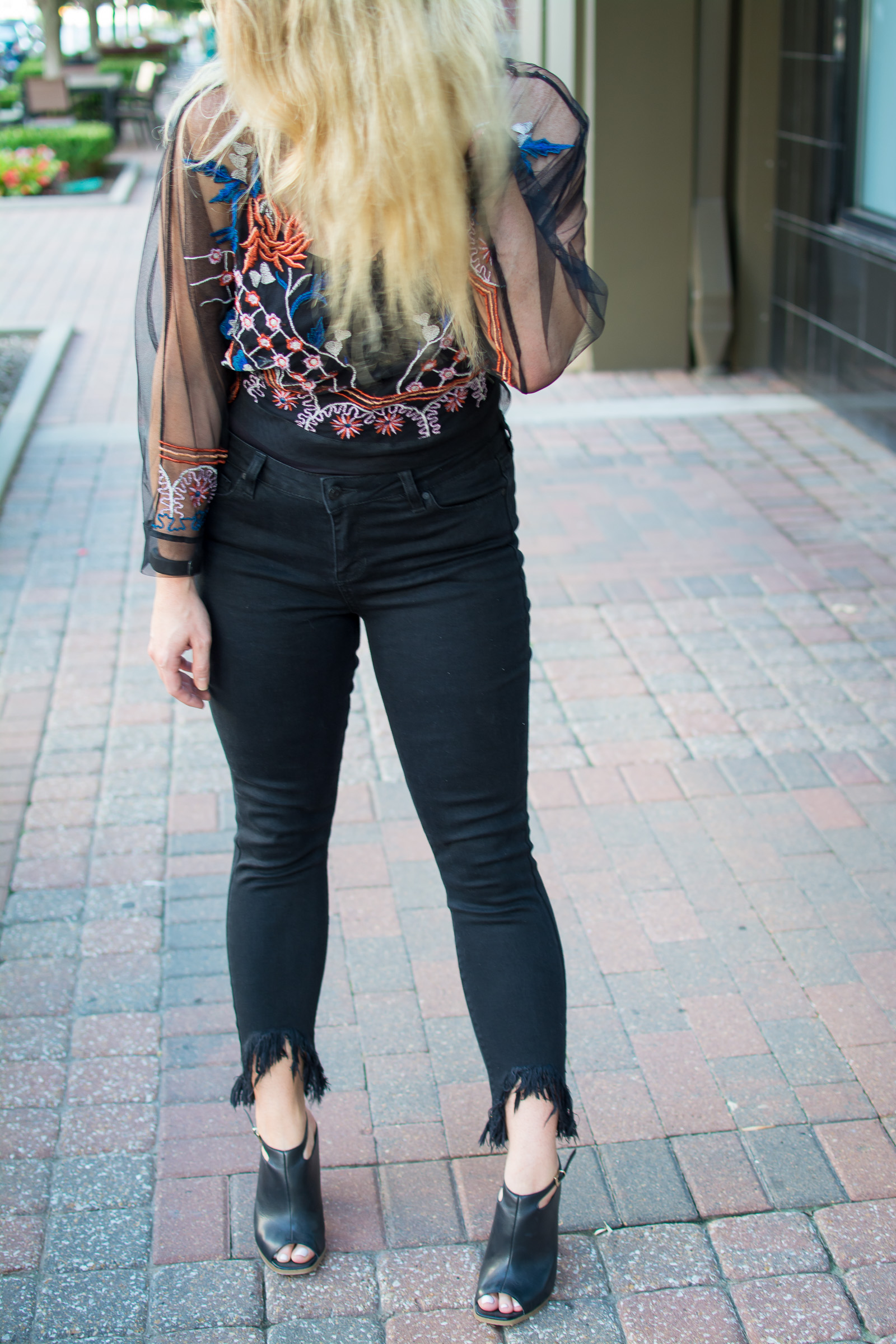 Black Frayed Denim + Sheer Embroidered Shirt.