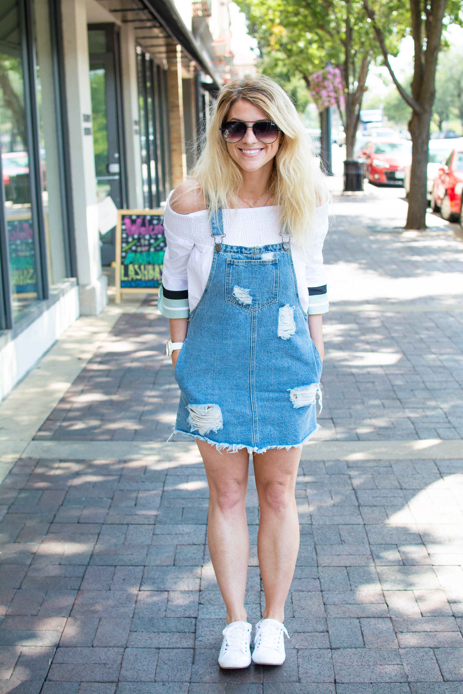 Denim Jumper White Off the Shoulder Blouse. LSR