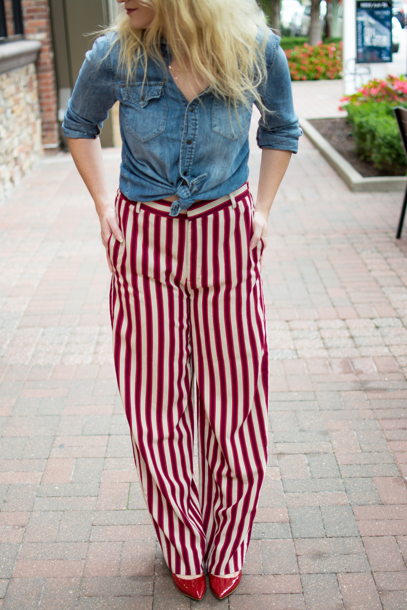 maroon and white striped pants