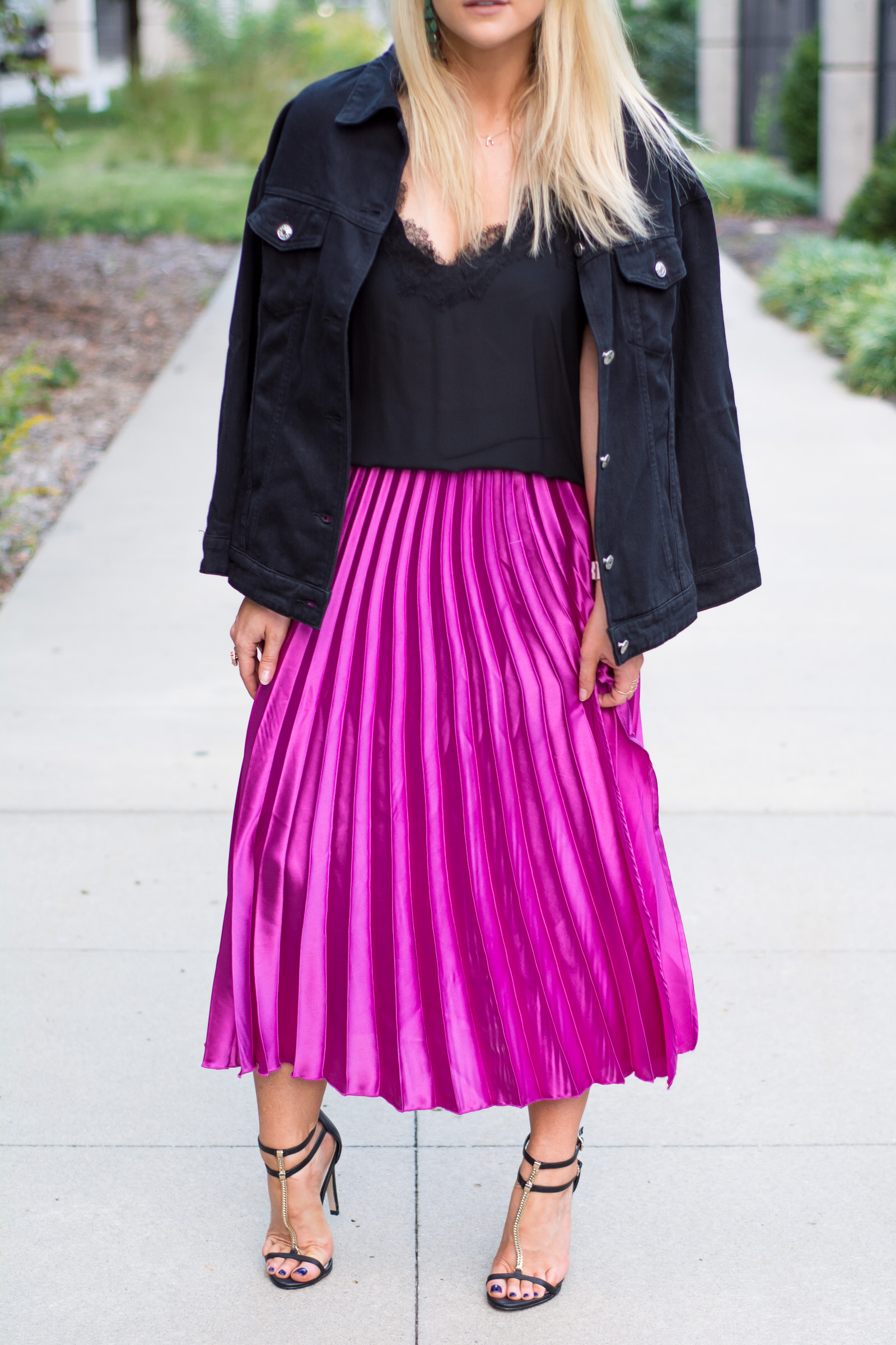 Fuchsia Pleated Midi Skirt + Black Denim Chain Jacket. | Ashley from LSR