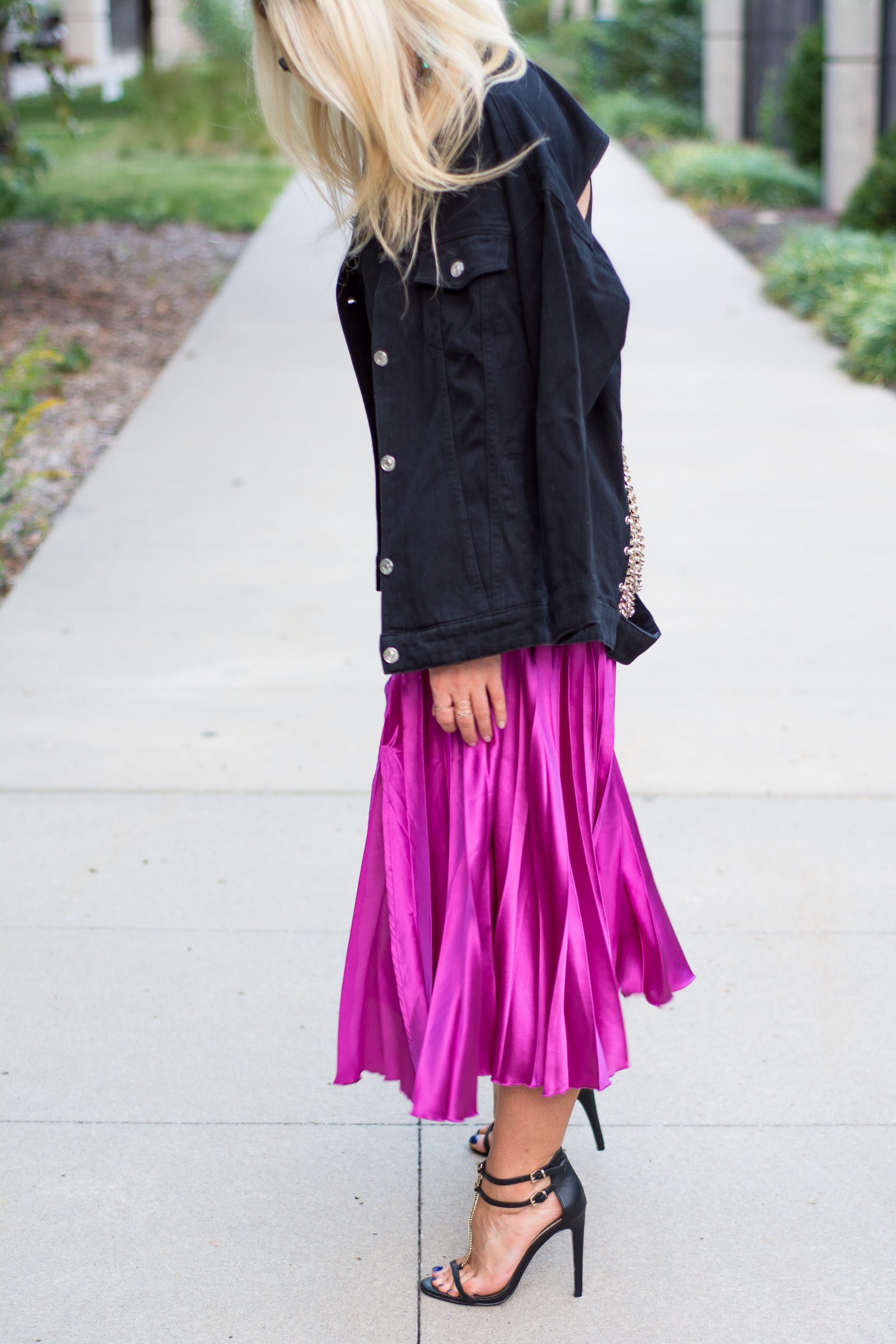 Fuchsia Pleated Midi Skirt + Black Denim Chain Jacket. | Ashley from LSR