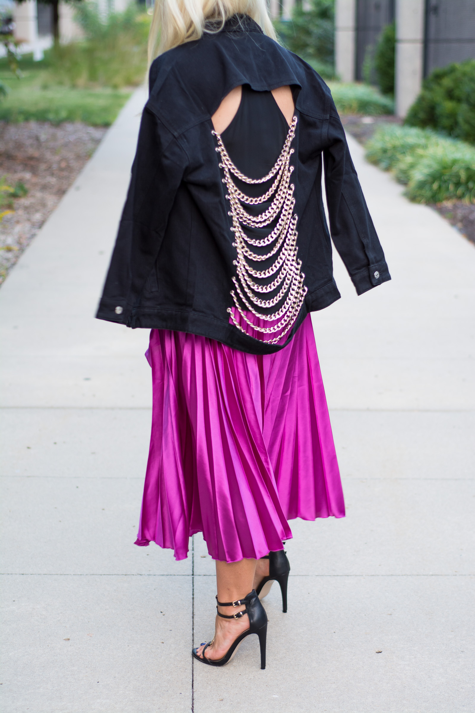 Fuchsia Pleated Midi Skirt + Black Denim Chain Jacket. | Ashley from LSR