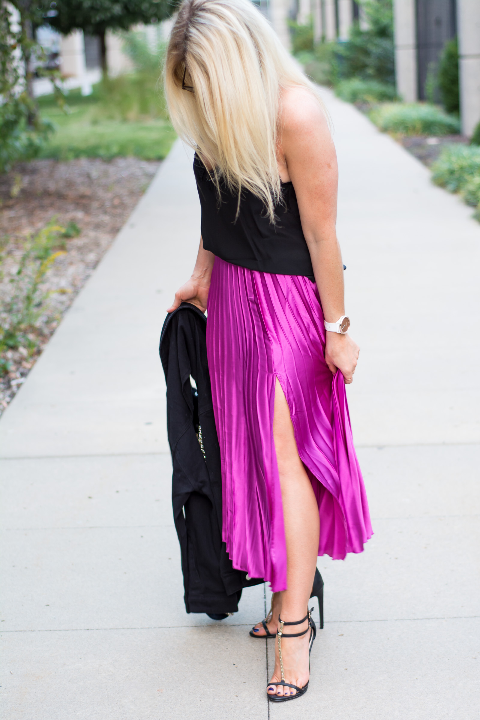 Fuchsia Pleated Midi Skirt + Black Denim Chain Jacket. | Ashley from LSR