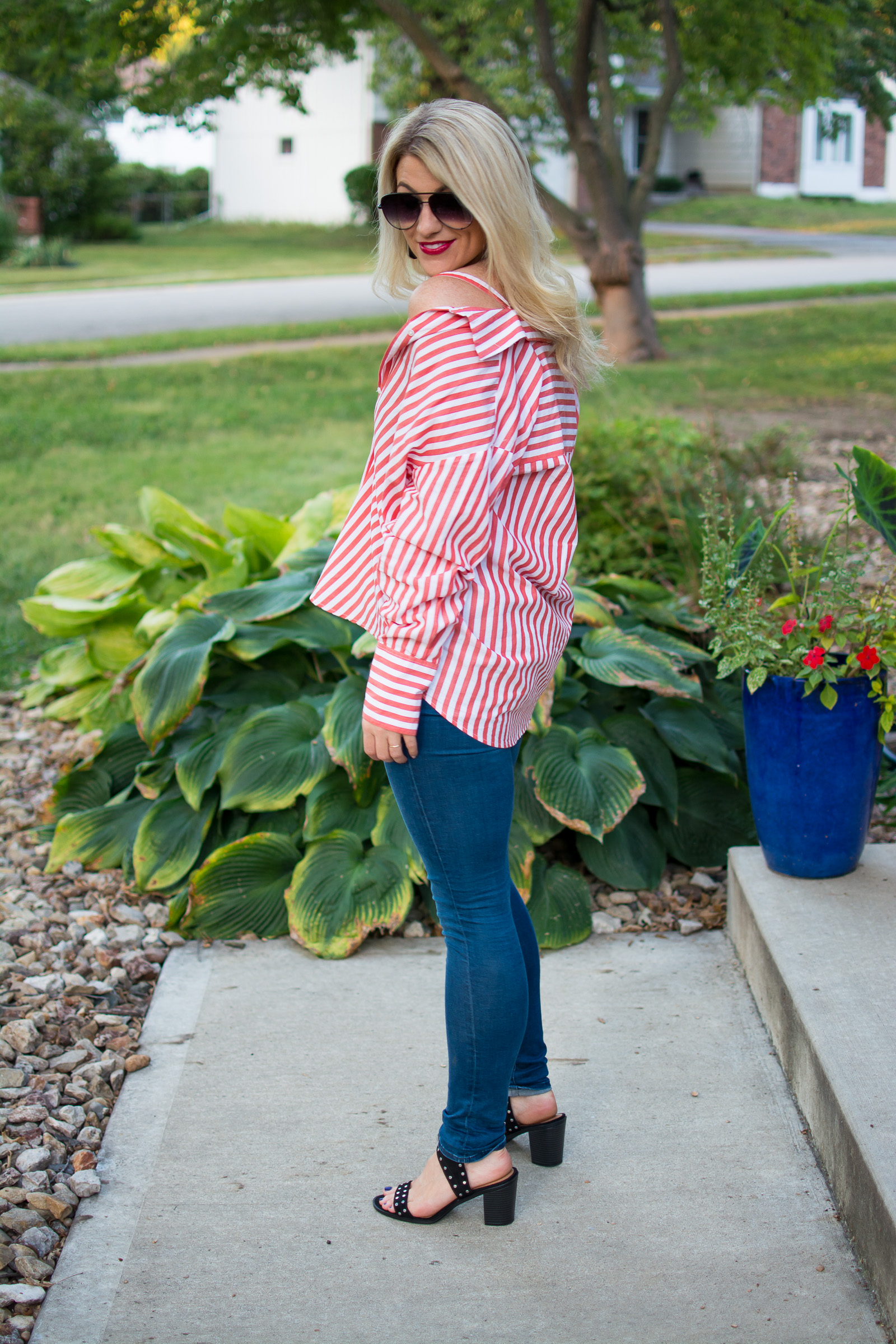 Wearing a Striped Button-up Off-the-Shoulder. | Ashley from LSR