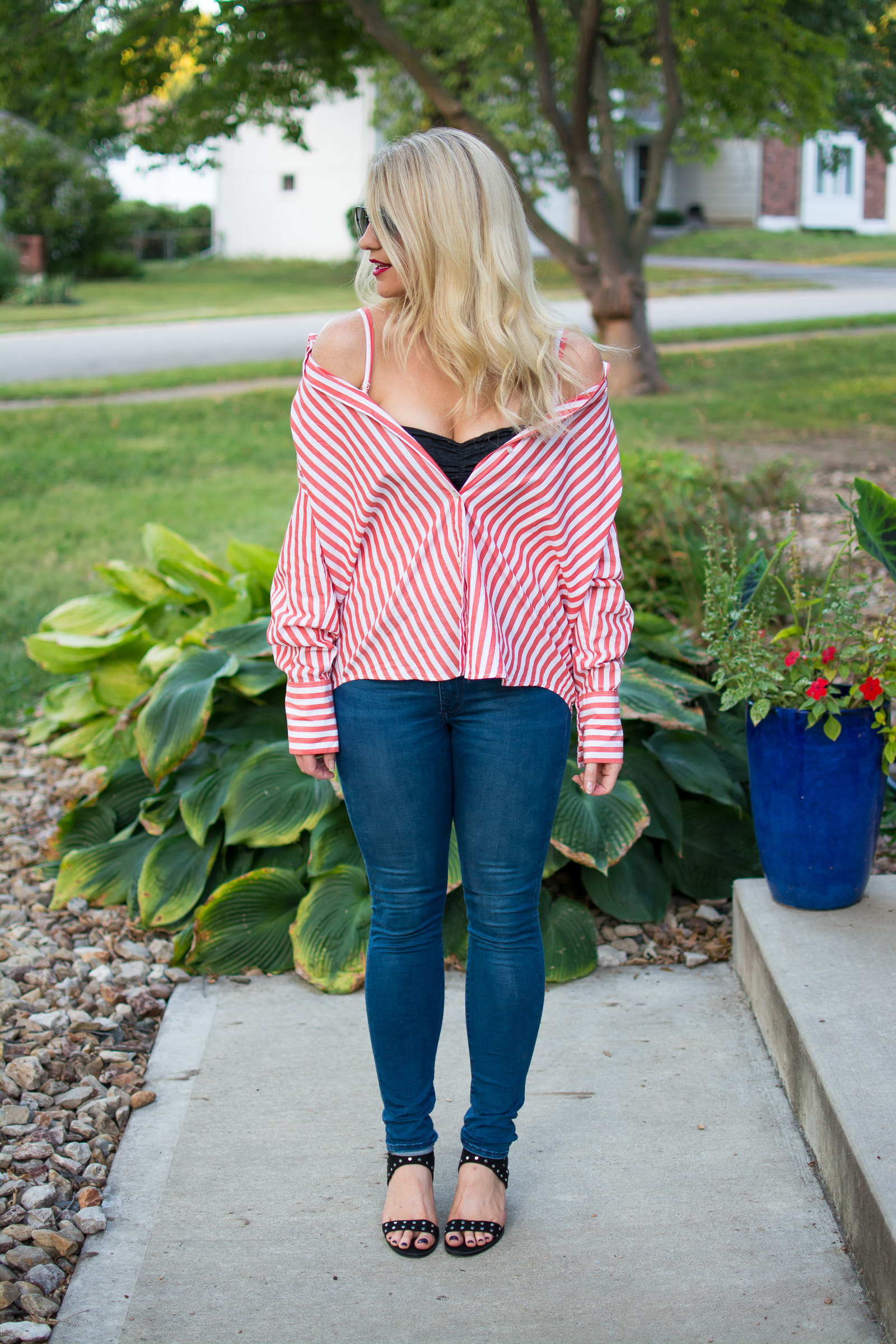 Wearing a Striped Button-up Off-the-Shoulder. | Ashley from LSR