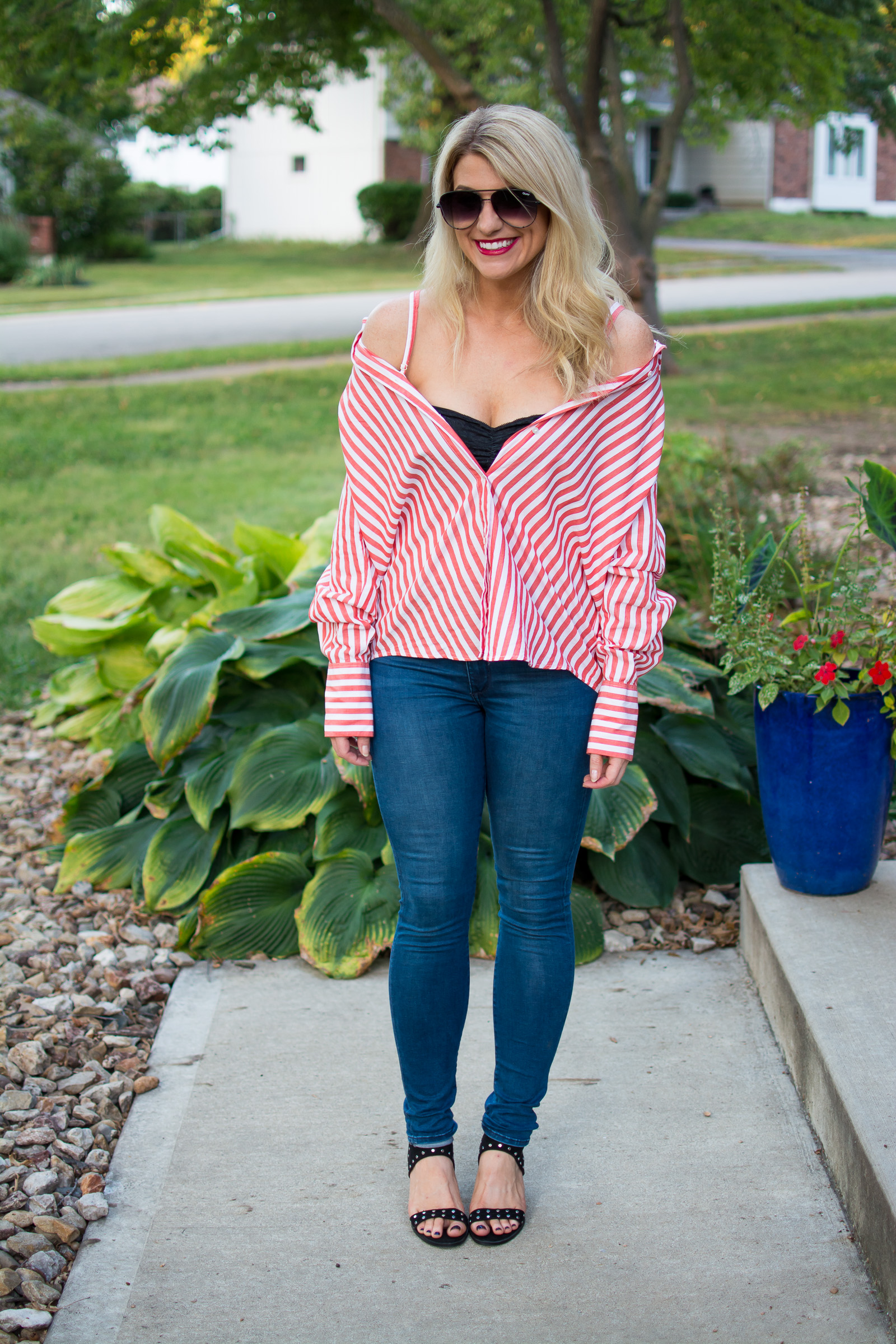 Wearing a Striped Button-up Off-the-Shoulder. | Ashley from LSR