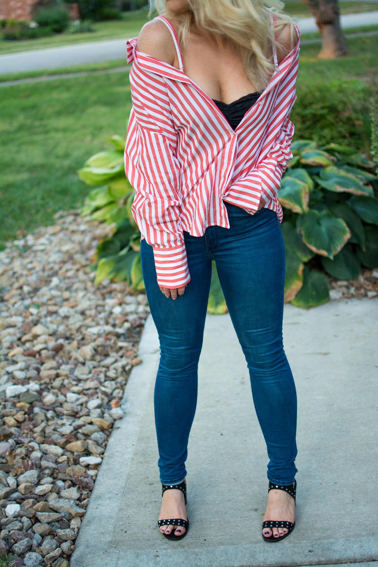 Wearing a Striped Button-up Off-the-Shoulder. | Ashley from LSR