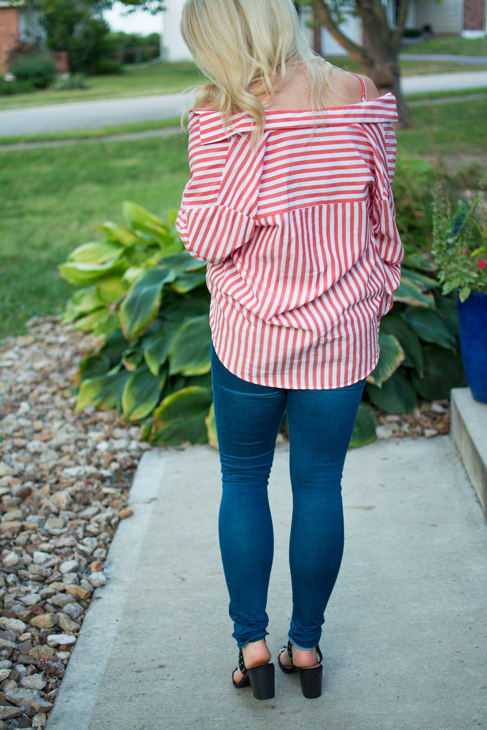 Wearing a Striped Button-up Off-the-Shoulder. | Ashley from LSR