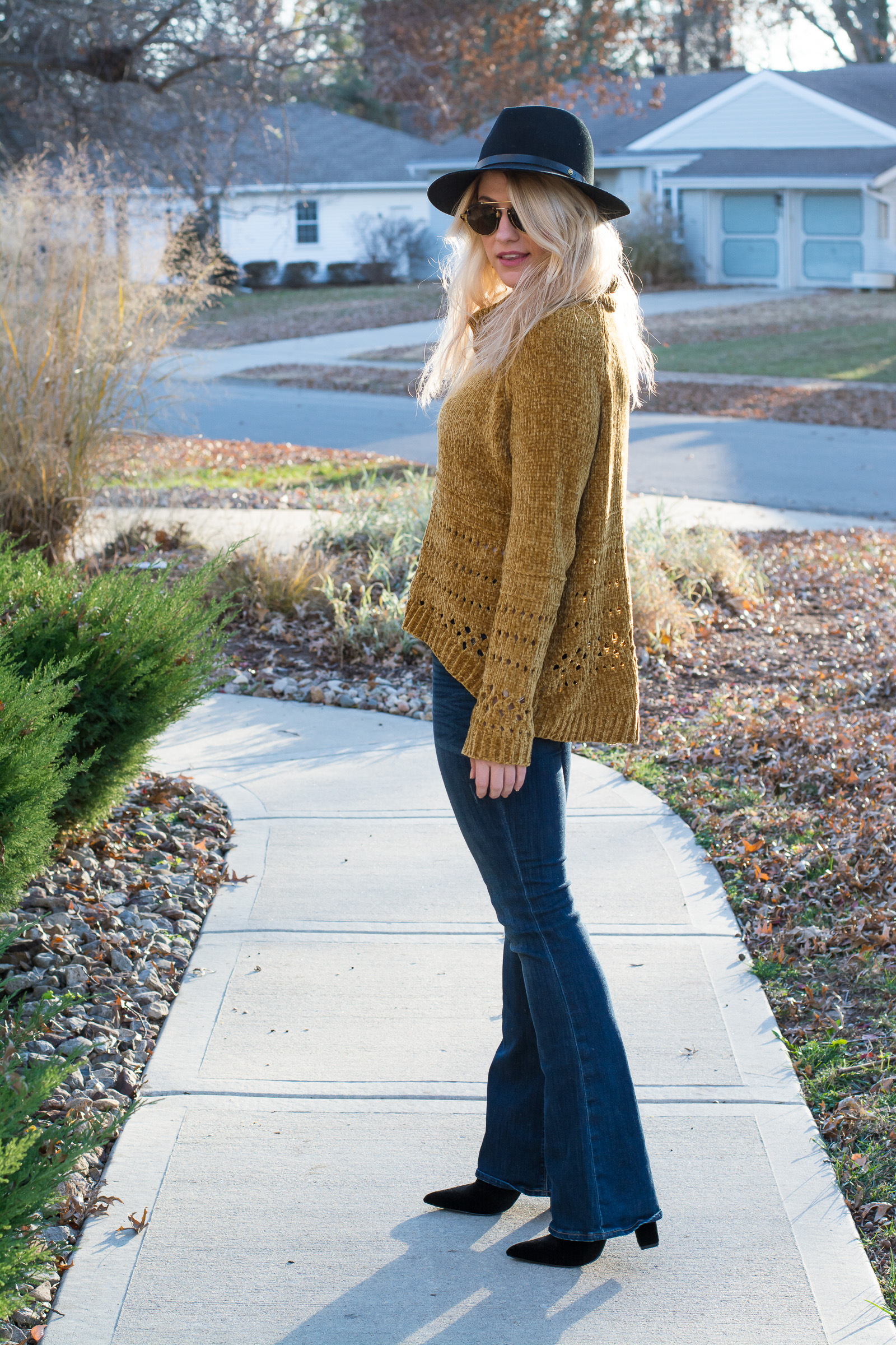 Fall Outfit: Mustard Chenille Sweater + Flares. | Ashley from LSR
