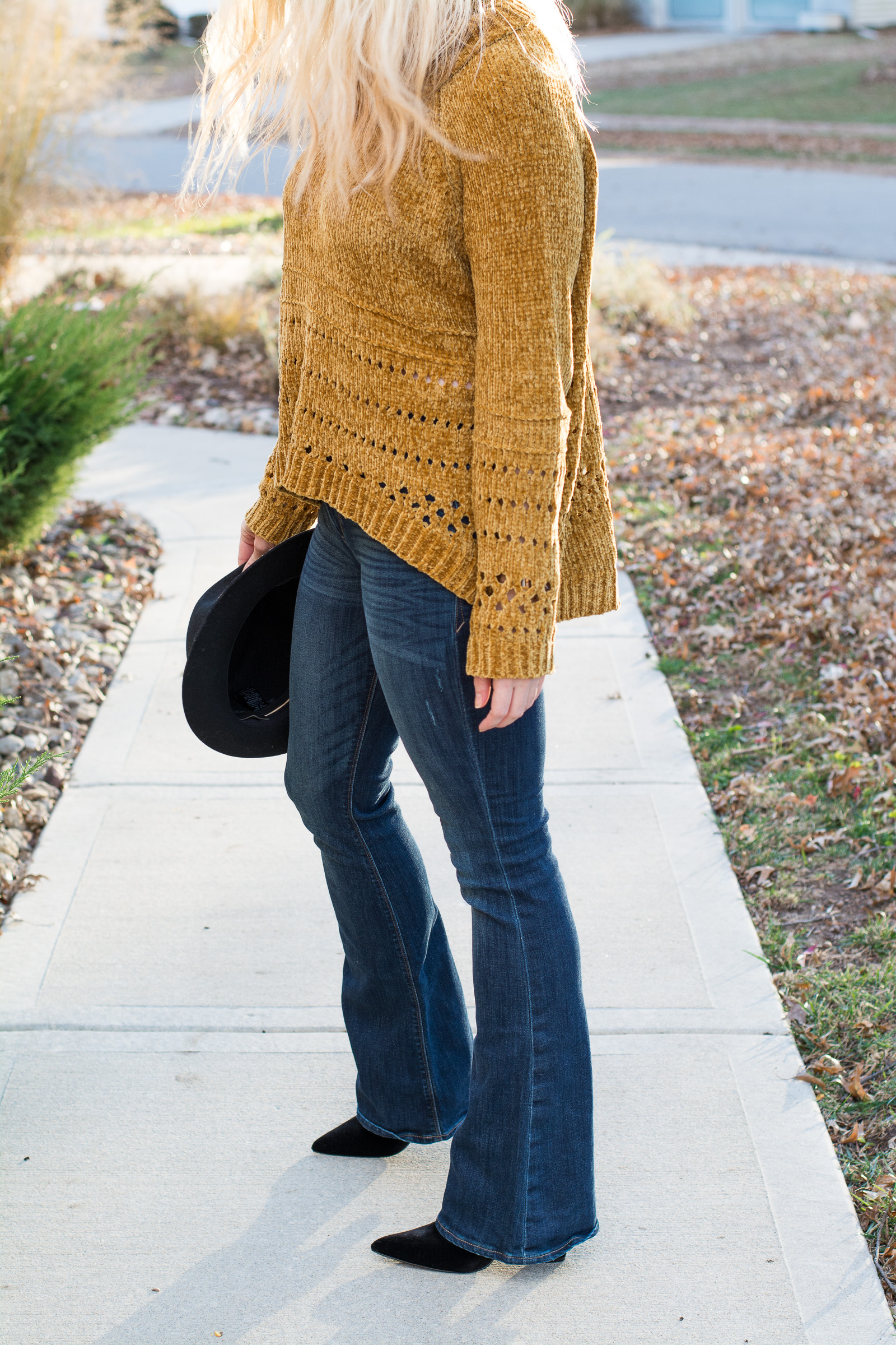 Fall Outfit: Mustard Chenille Sweater + Flares. | Ashley from LSR